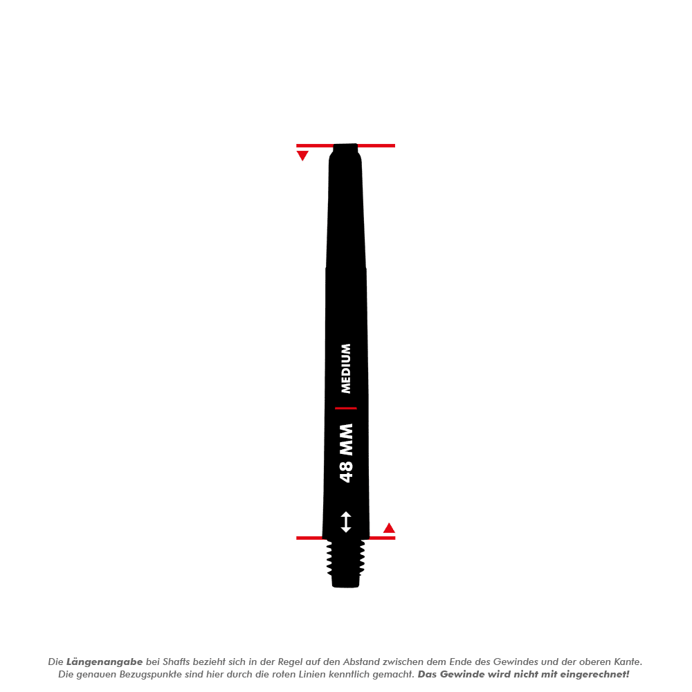 792_Nylon_Shafts_Deutschland_5_48mm Das Bild zeigt einen schwarzen Nylon-Shaft mit der Aufschrift "48 MM | MEDIUM". Die roten Linien markieren die Messpunkte für die Längenangabe, wobei das Gewinde nicht mitgerechnet wird.