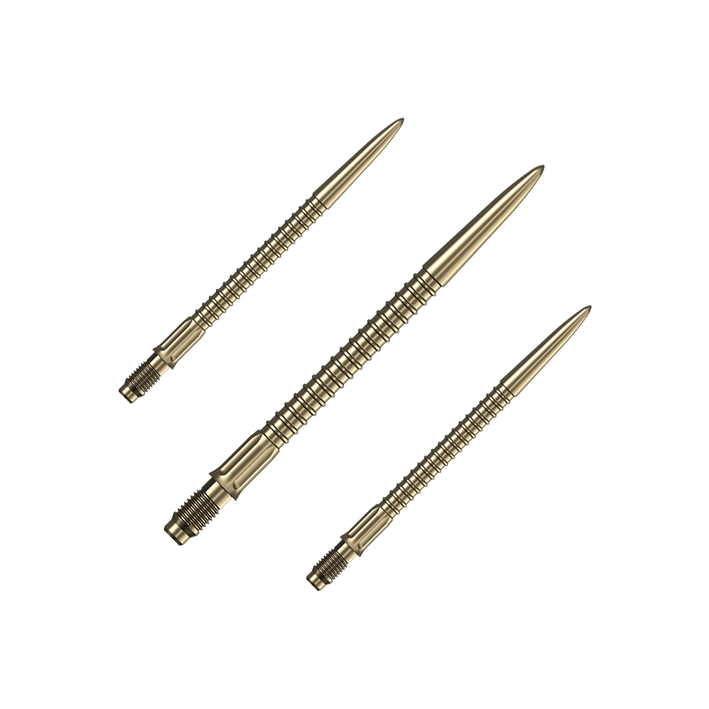 Mission R2.5 Rapid Point GV1 Dart Tips - Gold Das Bild zeigt Dartspitzen in goldener Farbe der Marke Mission R25 Rapid Point. Die Spitzen sind 35mm lang und werden als Set angeboten.