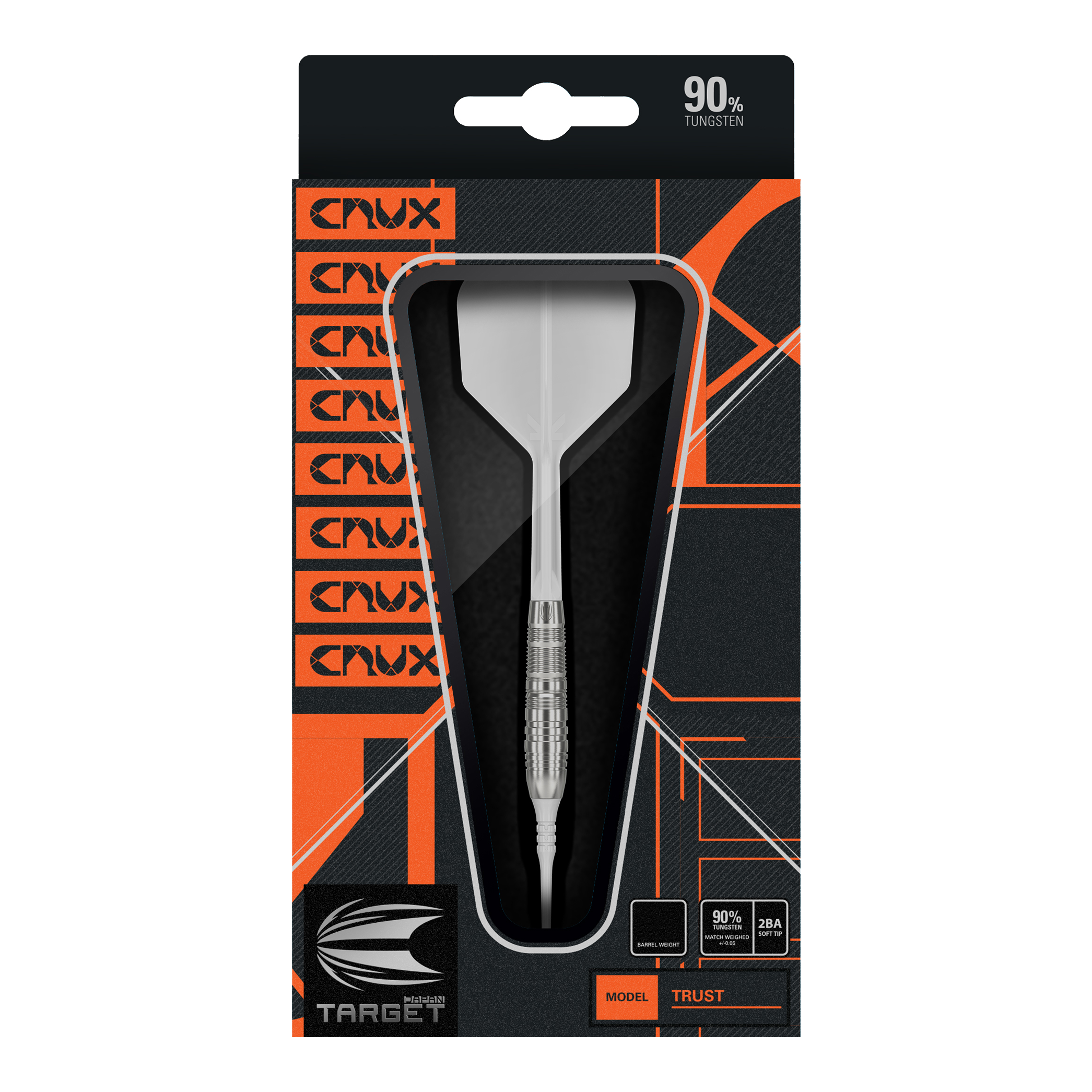 Freccette morbide Target Japan Crux Trust - 17 g Die Abbildung zeigt die Verpackung der "Target Japan Crux Trust Softdarts - 17g". Der Dart ist sichtbar durch ein Sichtfenster in der Packung und enthält Angaben wie 90 % Tungsten.