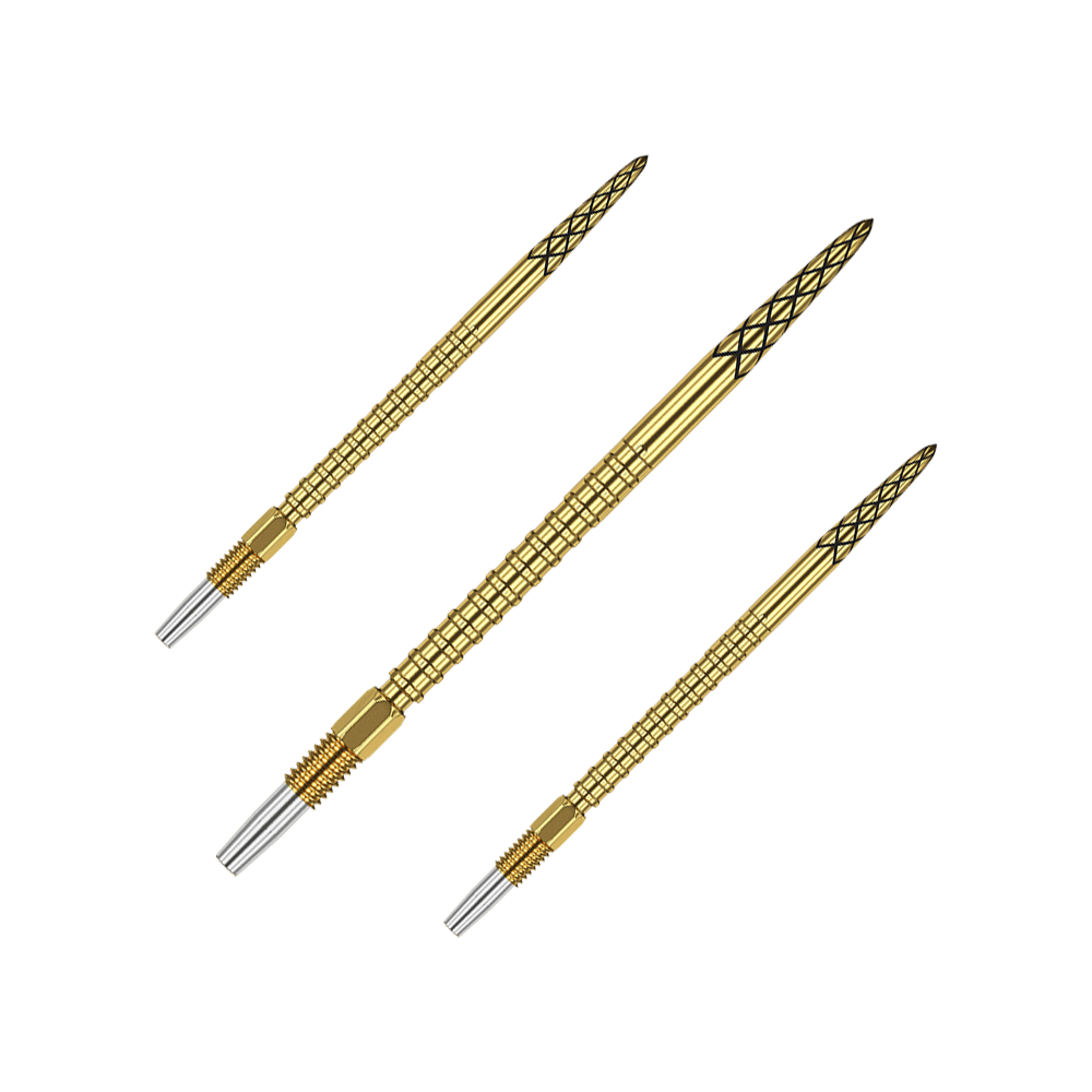 Pointes de fléchettes Target Swiss DS Surge Point - Or Das Bild zeigt drei goldene Dartspitzen mit feinen Rillen und schwarzen Mustern. Sie sind schlank und haben silberne Spitzen am Ende.