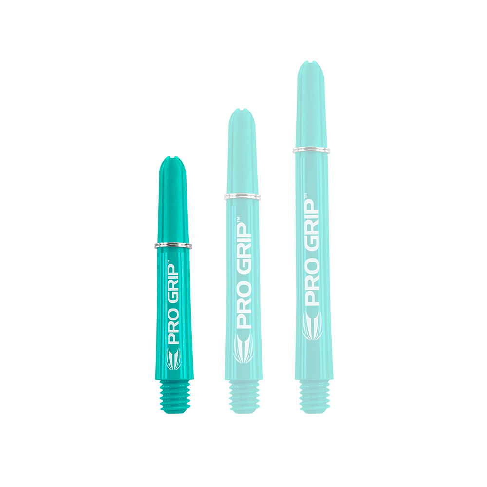 Target Pro Grip Shafts - 3 set - Aqua Auf dem Bild sind drei türkisfarbene "PRO GRIP" Schäfte in verschiedenen Längen zu sehen. Sie stehen nebeneinander und haben alle den gleichen Aufdruck und das gleiche Design.