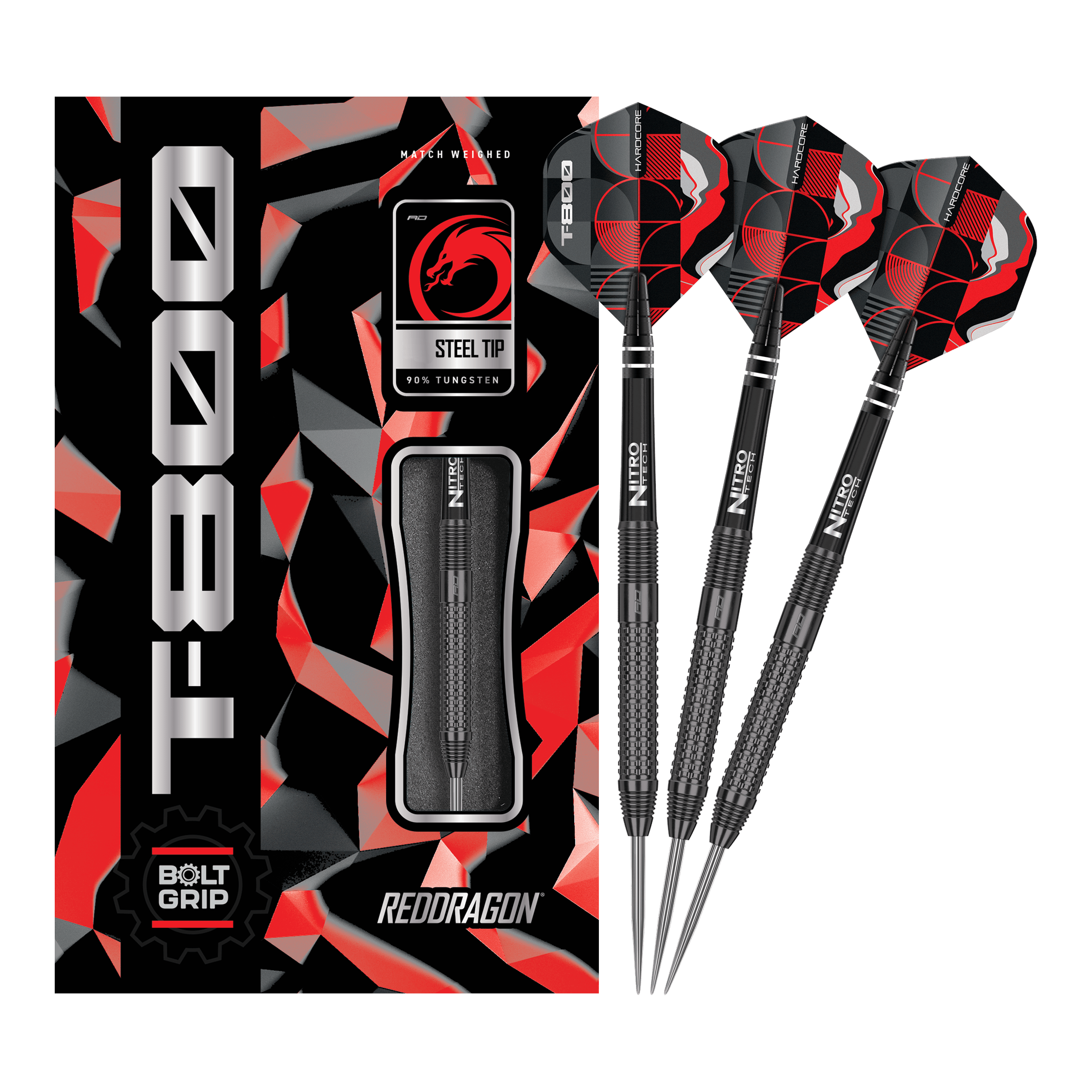 Dardos de acero Red Dragon T-800 Das Bild zeigt die Red Dragon T-800 Steeldarts und ihre Verpackung. Die Darts haben ein schwarzes Design mit roten und silbernen Akzenten.