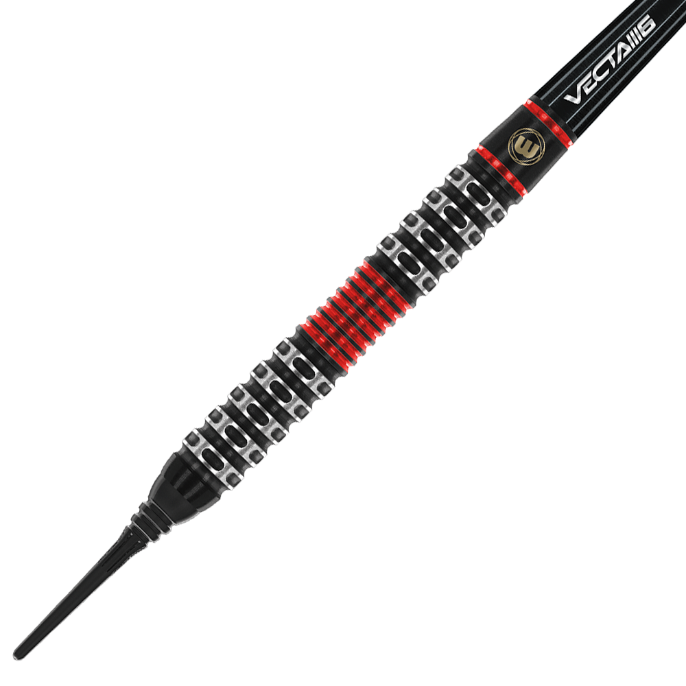 2451_Winmau_Joe_Cullen_Special_Edition_Softdarts_2 Auf dem Bild ist ein Softdartpfeil mit einem schwarzen, silbernen und roten Griff zu sehen. Der Pfeil hat ein auffälliges, geriffeltes Muster und die Aufschrift "VECTA" auf dem Schaft.