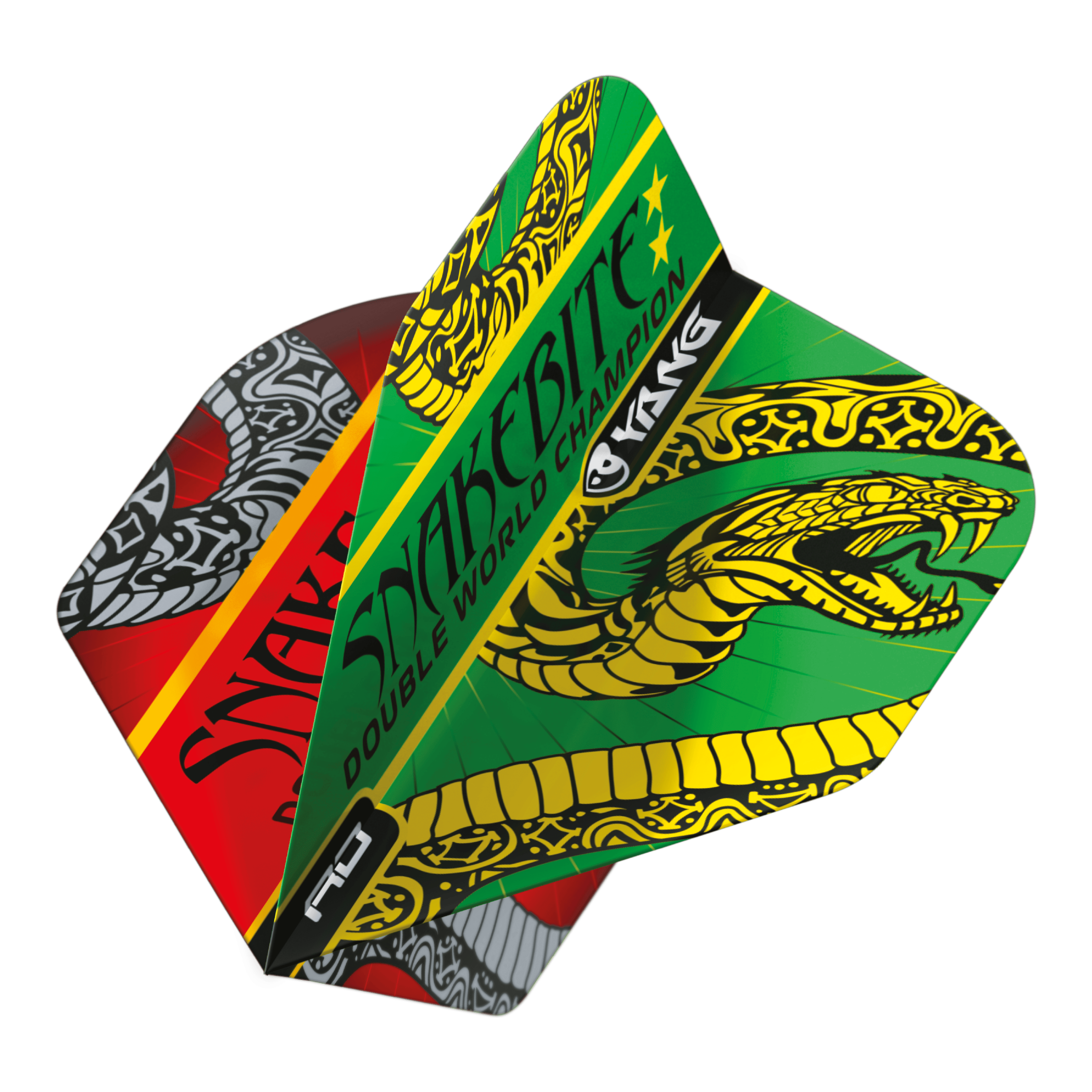 Red Dragon Peter Wright Snakebite Červeno-zelený Yin Yang Standardní lety Das Bild zeigt die Dart-Flights "Red Dragon Peter Wright Snakebite Red Green Yin Yang Standard Flights." Die Flights sind farbenfroh gestaltet und zeigen einen auffälligen Schlangen-Grafik sowie den Schriftzug "Snakebite."