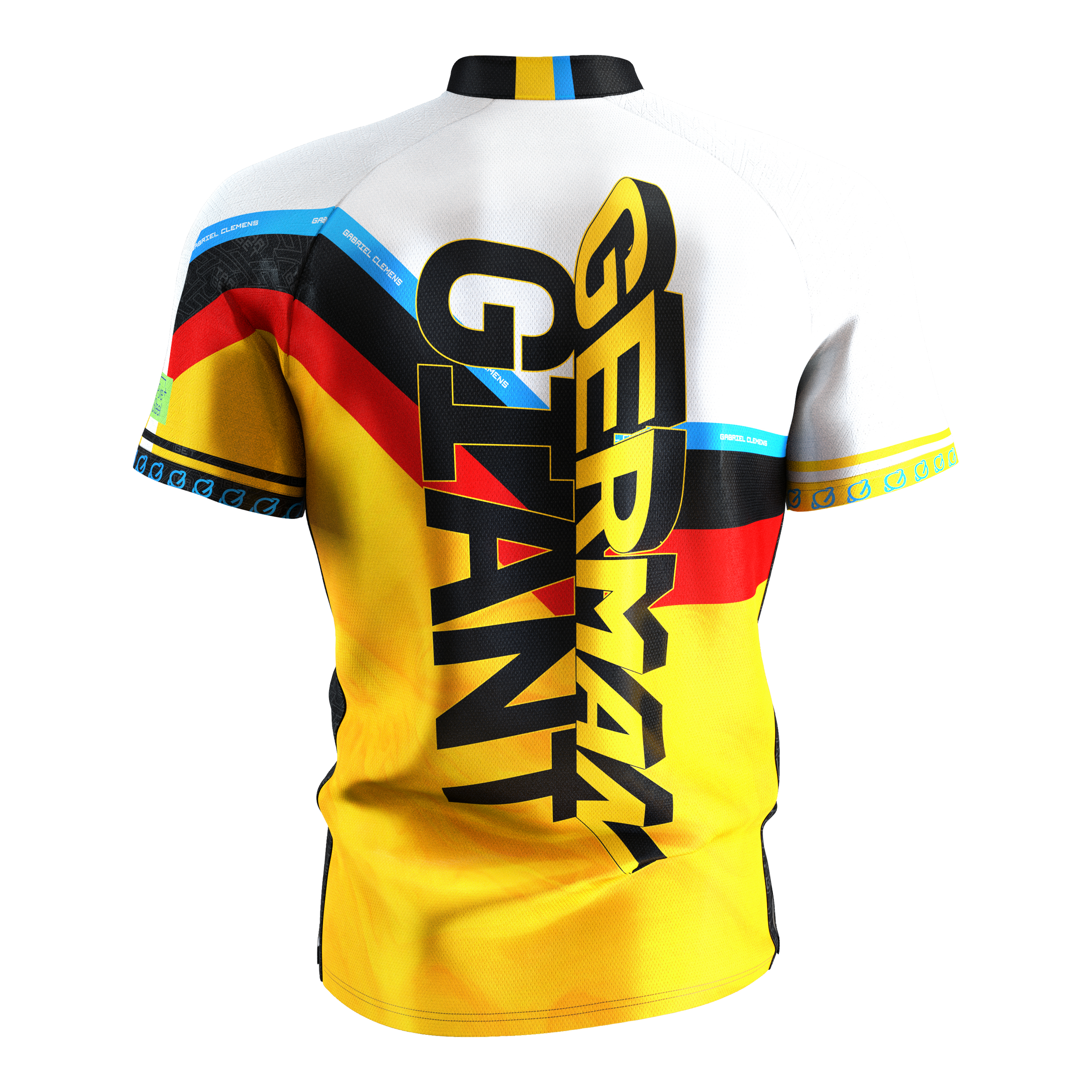 Koszulka do darta Target Coolplay Gabriel Clemens 2025 Das Bild zeigt das "Target Coolplay Gabriel Clemens 2025 Dartshirt" von hinten. Auf dem Shirt steht in großen Buchstaben "German Giant" und es ist in den Farben der deutschen Flagge gestaltet.