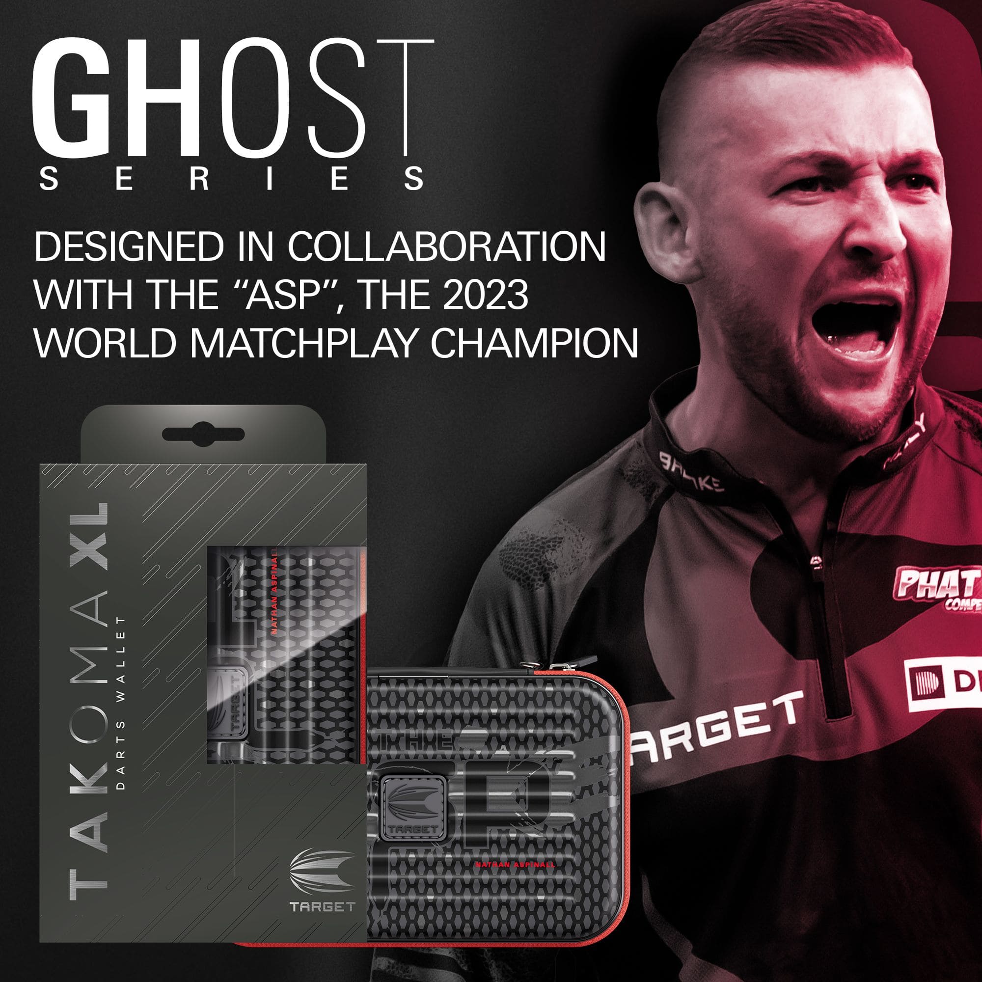 Pouzdro na šipky Takoma XL Ghost Series Nathan Aspinall Takoma XL Ghost Series Nathan Aspinall Dartcase, fotografiert auf weißem Hintergrund. Das Produkt ist Teil der Ghost Series und richtet sich an Dartspieler.