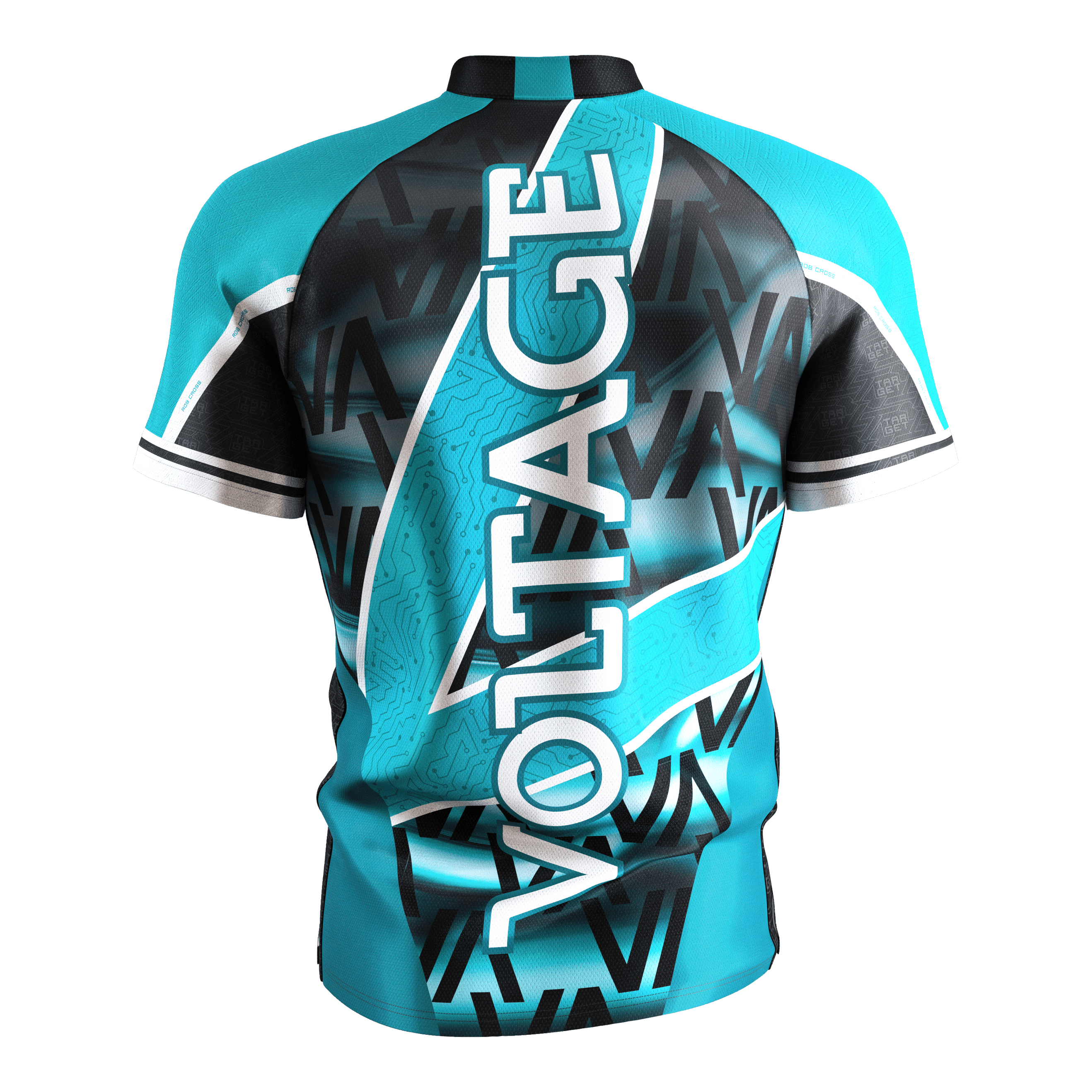 Target Coolplay Rob Cross 2025 Dartshirt Das Bild zeigt das "Target Coolplay Rob Cross 2025 Dartshirt" in Türkis und Schwarz. Auf der Rückseite steht groß das Wort "VOLTAGE".