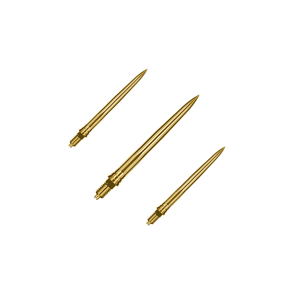 Puntas de dardo Caliburn EZ-EVO - Suaves - Doradas Dieses Bild zeigt ein Set goldener Dartspitzen mit glatter Oberfläche, vermutlich 28mm lang. Die Spitzen sind von der Marke Caliburn EZ-EVO.