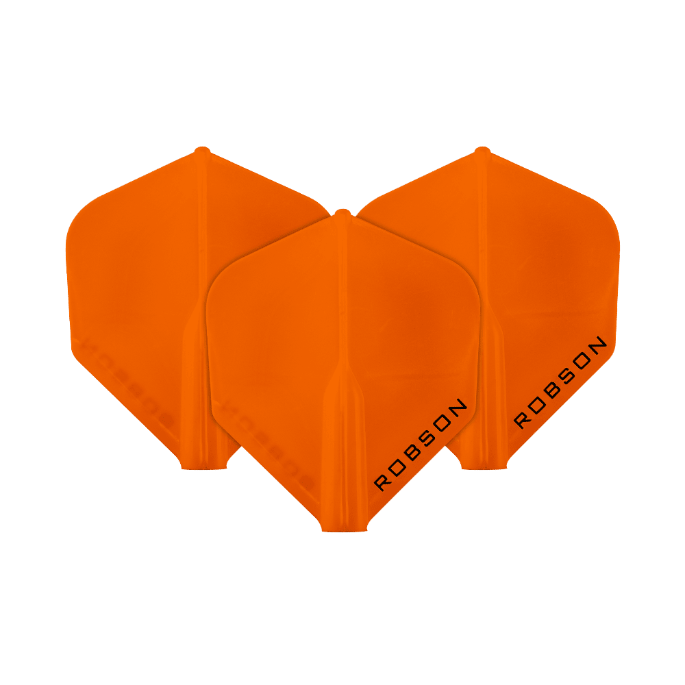 Voli Robson Plus - Standard Das Bild zeigt drei orangefarbene Dartflights. Auf jedem Flight steht das Wort "ROBSON" geschrieben.