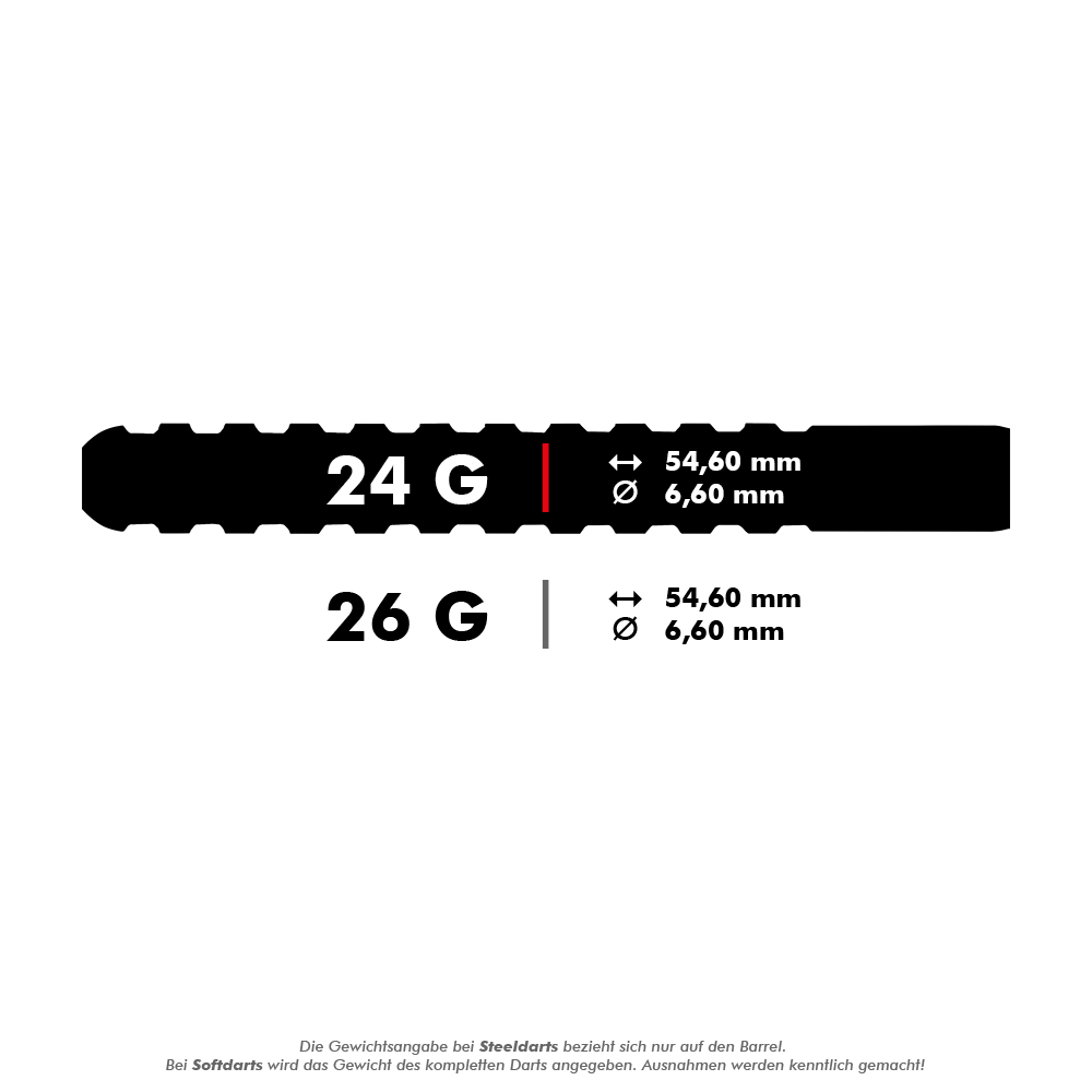 Dardos de acero Red Dragon Javelin Speedline Das Bild zeigt die Spezifikationen von Steeldarts mit den Gewichten 24 g und 26 g. Beide Varianten haben eine Länge von 54,60 mm und einen Durchmesser von 6,60 mm.