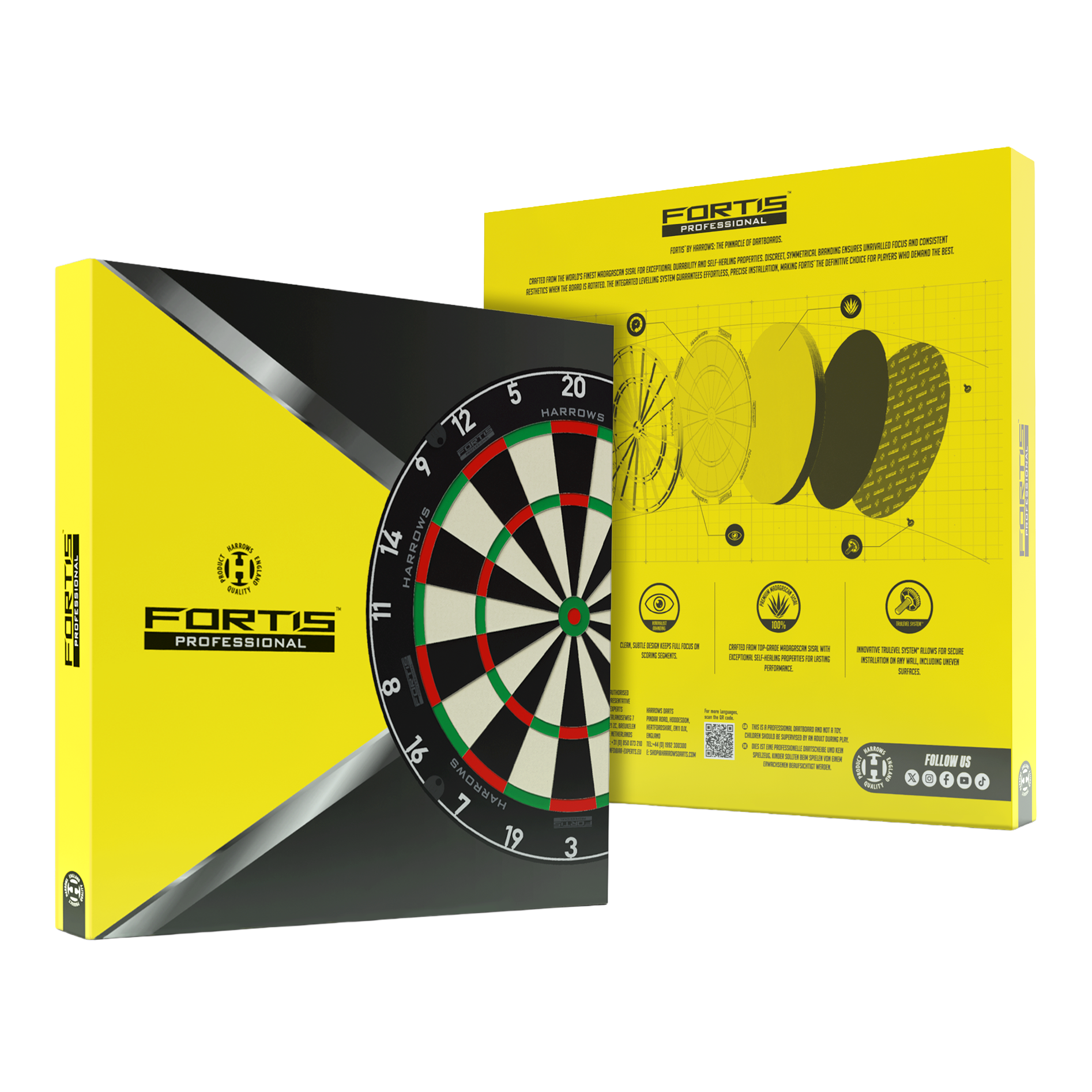 Das Bild zeigt das Produkt Harrows Fortis Steeldartboard. Es handelt sich um ein hochwertiges Dartboard für Steeldarts.