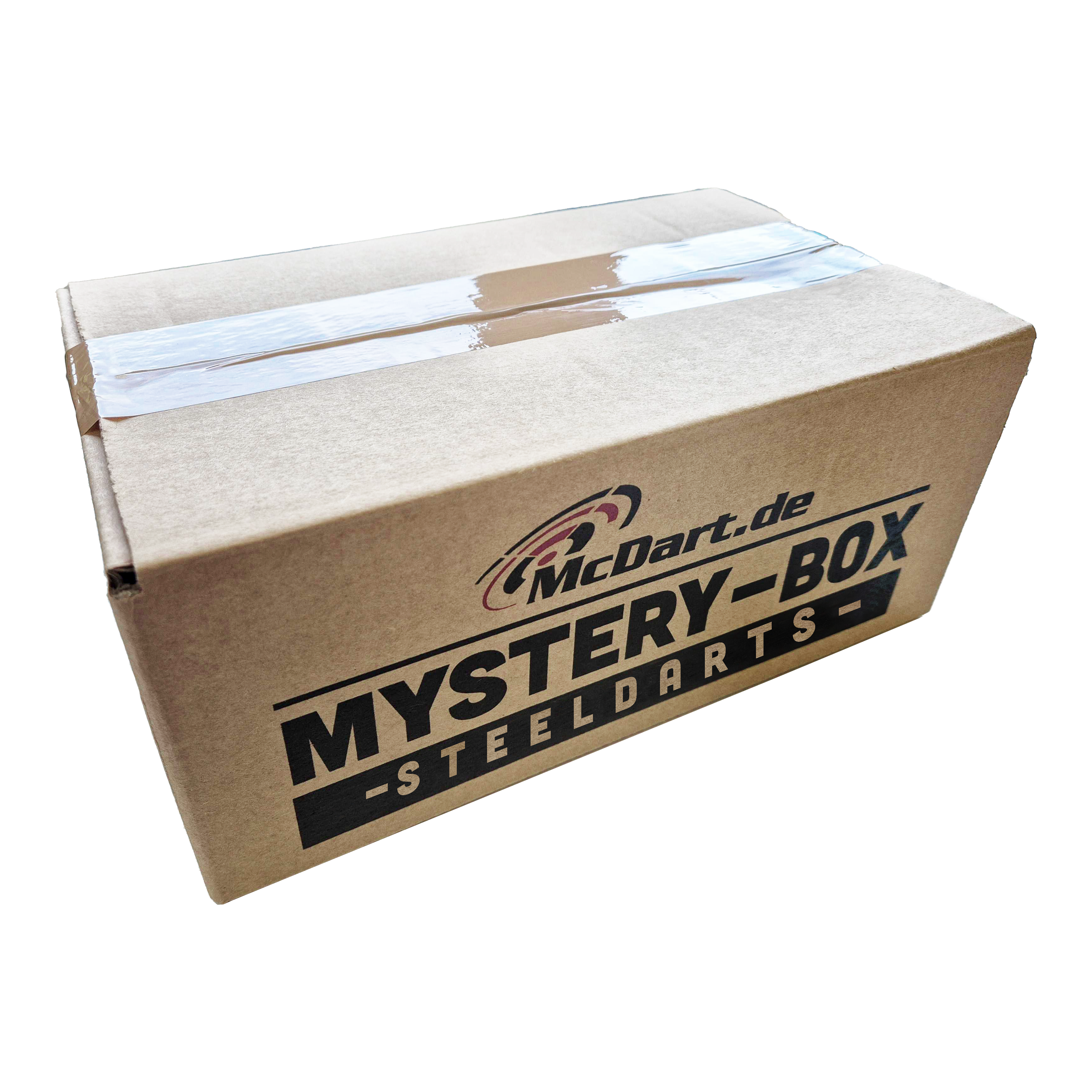 Phil Taylor Mystery Soft Dart Fan Box Auf dem Bild ist ein Karton mit der Aufschrift "McDart.de Mystery-Box Steeldarts" zu sehen. Die Box ist mit durchsichtigem Klebeband verschlossen.