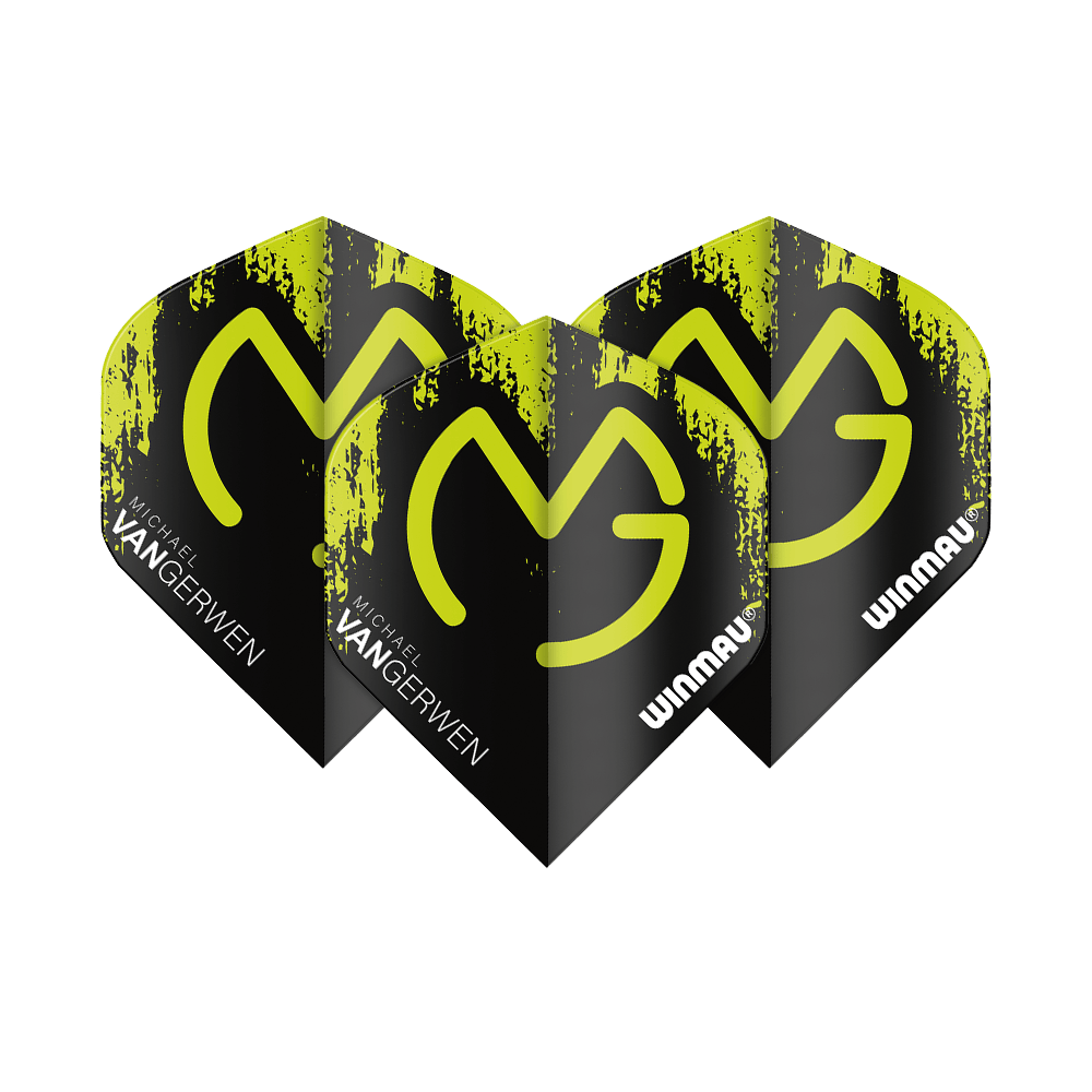 6900-234_Winmau_Mega_MvG_Green_Black_Standard_Flights_1y2NWSWIvwJmBx Das Bild zeigt die Winmau Mega MvG Green Black Standard Flights für Darts. Sie sind schwarz mit grünen Akzenten und tragen die Aufschrift "Michael van Gerwen" sowie "WINMAU".