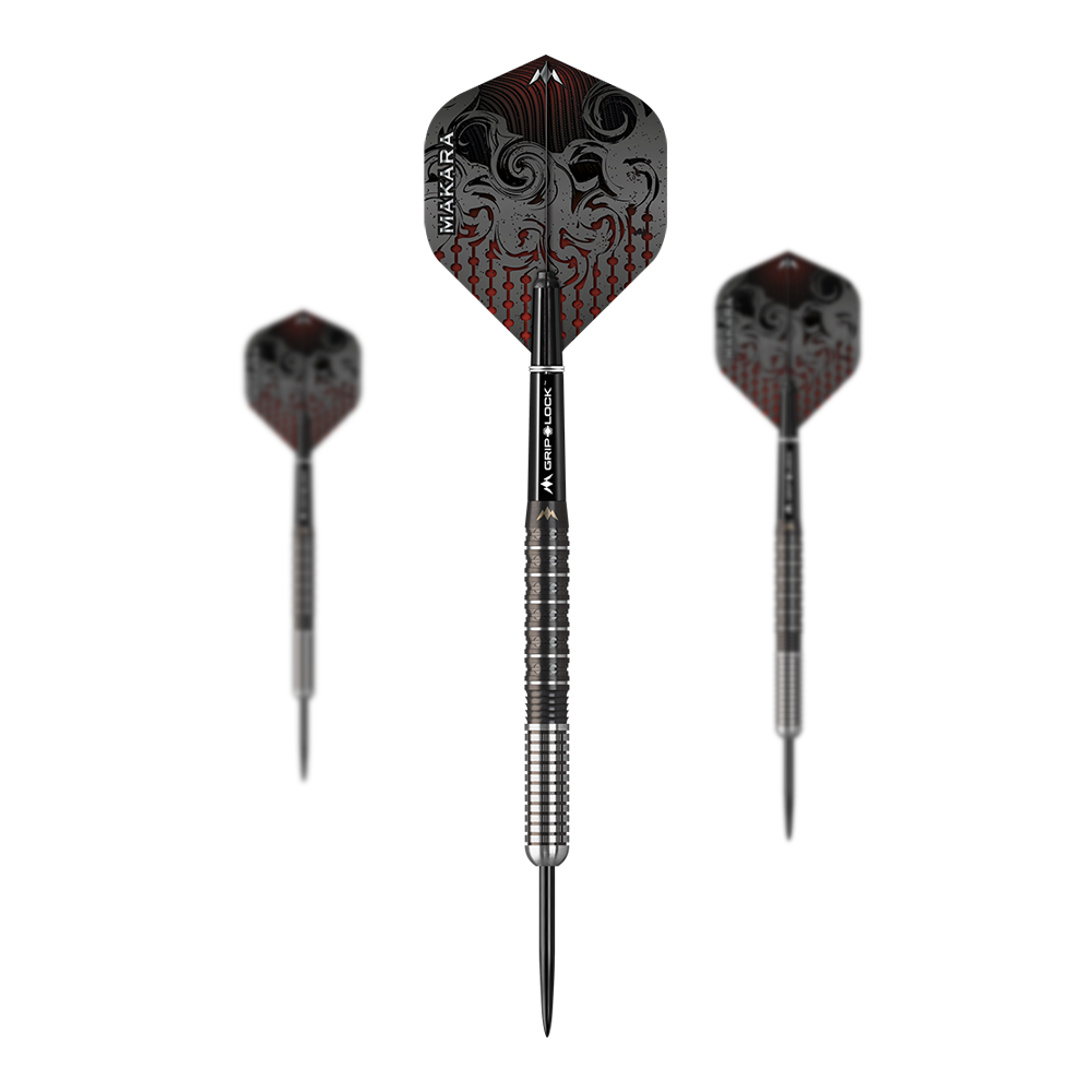 Ocelové šipky Mission Makara M1 Das Bild zeigt drei Steeldarts des Produkts "Mission Makara M1". Die Dartpfeile haben ein silber-schwarzes Design mit auffälligen, gemusterten Flights.