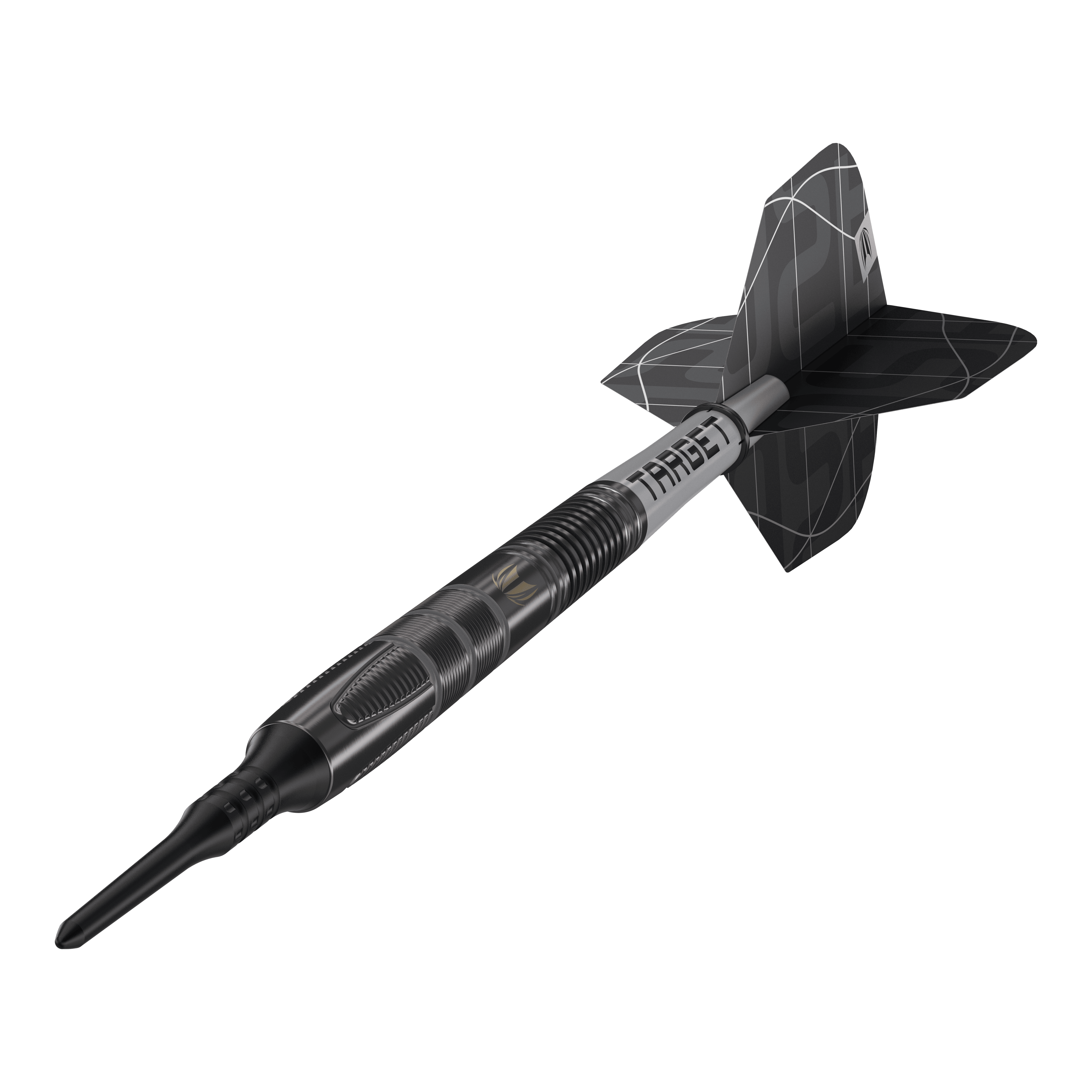 Měkké šipky Target Nathan Aspinall X Echo - 18g Das Bild zeigt den Softdart „Target Nathan Aspinall X Echo“ mit einem Gewicht von 18 Gramm. Der Dartpfeil ist schwarz und hat ein modernes, geriffeltes Design mit der Aufschrift "TARGET" auf dem Schaft.