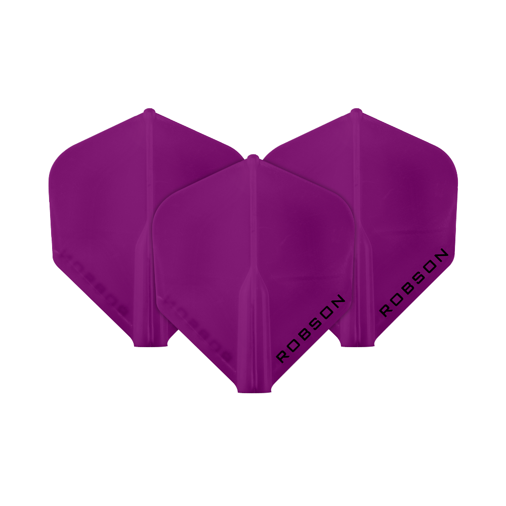 Robson Plus Flights - Standard Das Bild zeigt drei violette Dartflights der Marke Robson. Auf jedem Flight steht das Wort "ROBSON" in schwarzer Schrift.