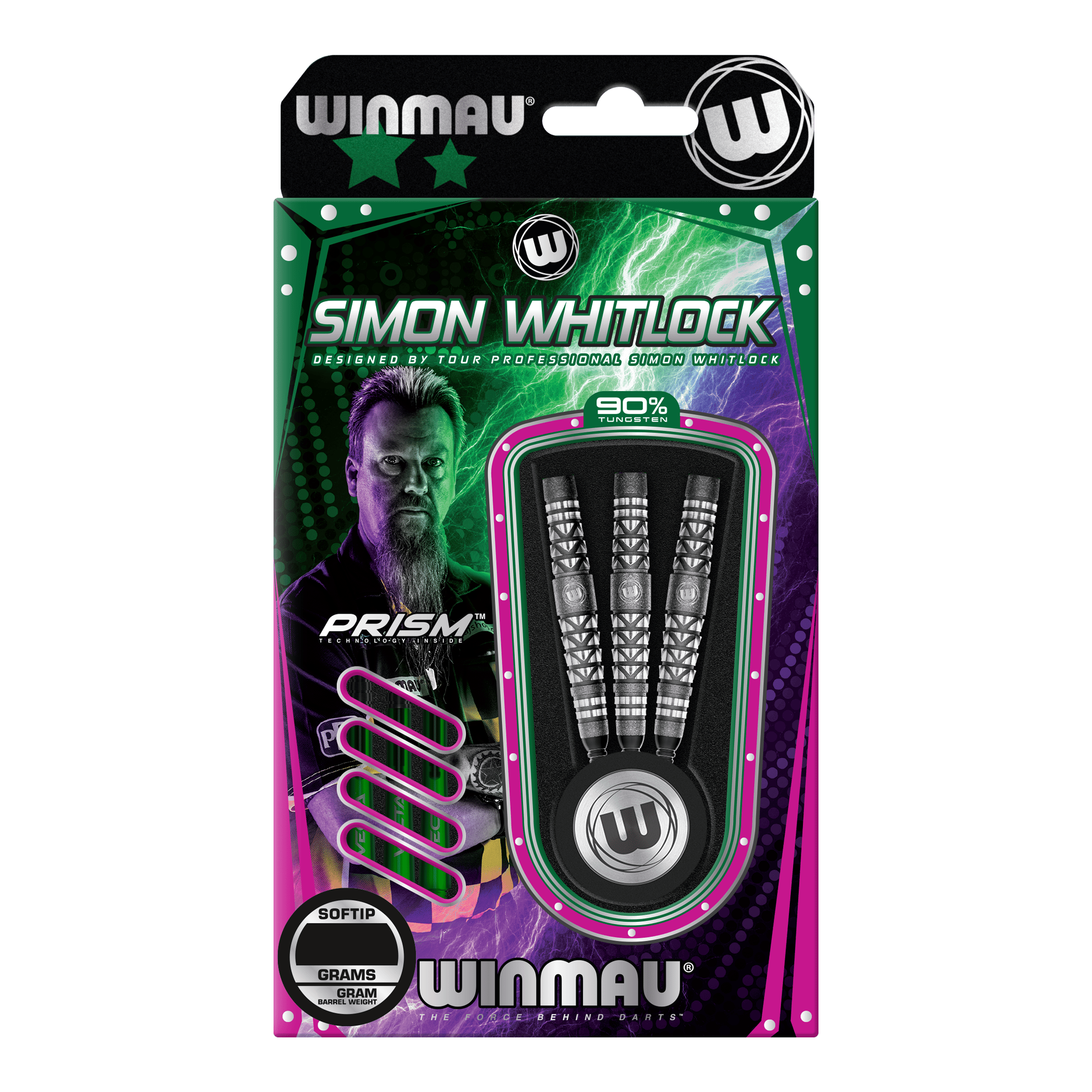 Freccette morbide con impugnatura atomizzata Winmau Simon Whitlock Das Bild zeigt eine Verpackung der "Winmau Simon Whitlock Atomised Grip Softdarts". Drei Darts mit speziellem Griffdesign sind in einer auffälligen, bunten Box zu sehen.