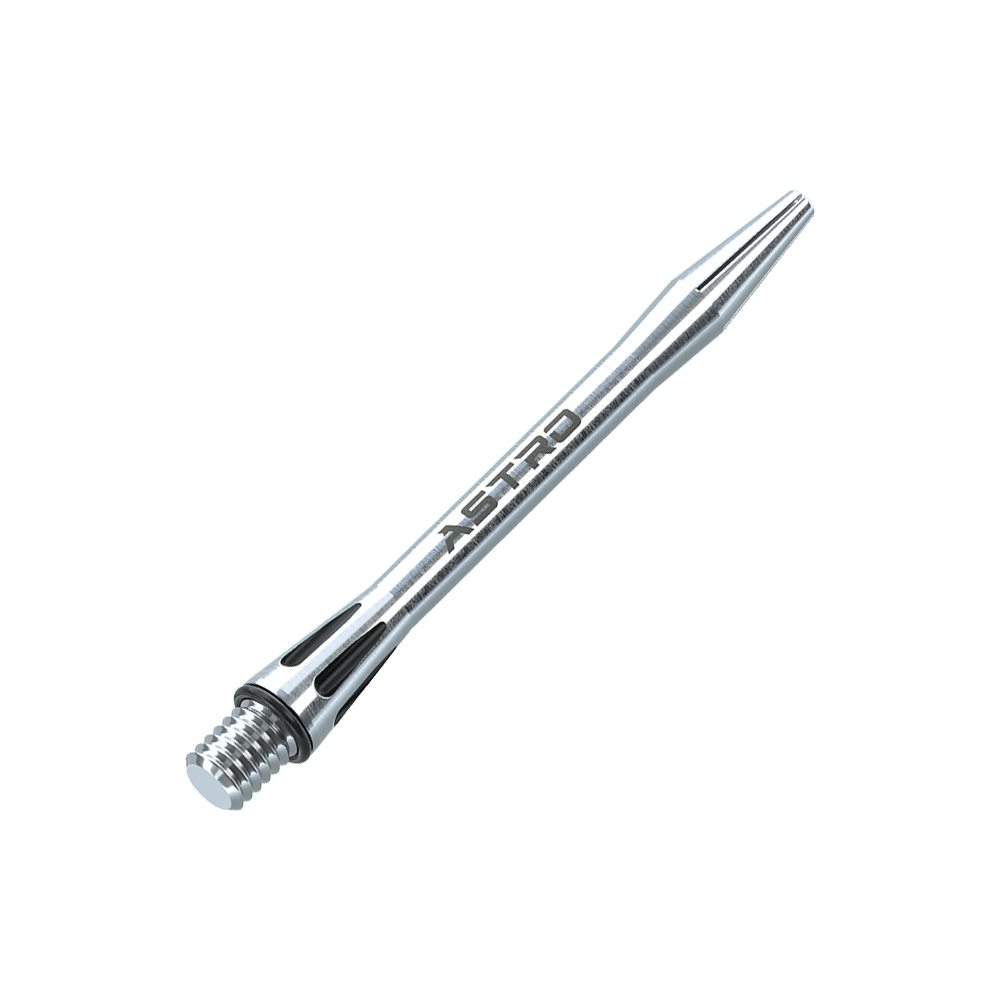 7012-201_Winmau_Astro_Aluminium_Shafts_Schwarz_46mm_2 Das Bild zeigt einen Winmau Astro Aluminium Schaft in der Farbe Schwarz. Der Schaft hat einen schlanken, silbernen Look mit dem Schriftzug "ASTRO" darauf.