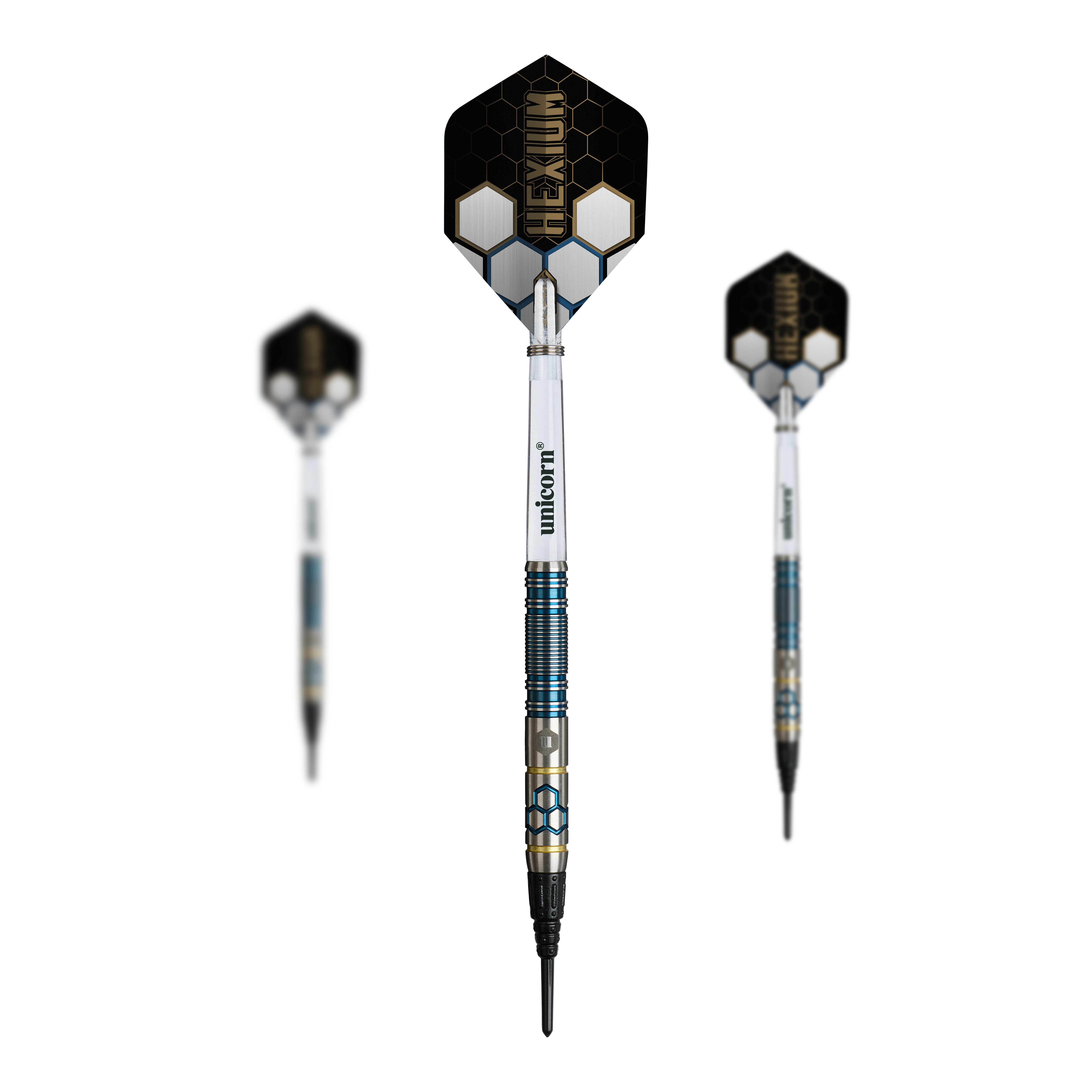 Das Bild zeigt die Unicorn Hexium Style 02 Blue & Gold Softdarts - 21g als Set. Die Softdarts wirken hochwertig und zweifarbig.