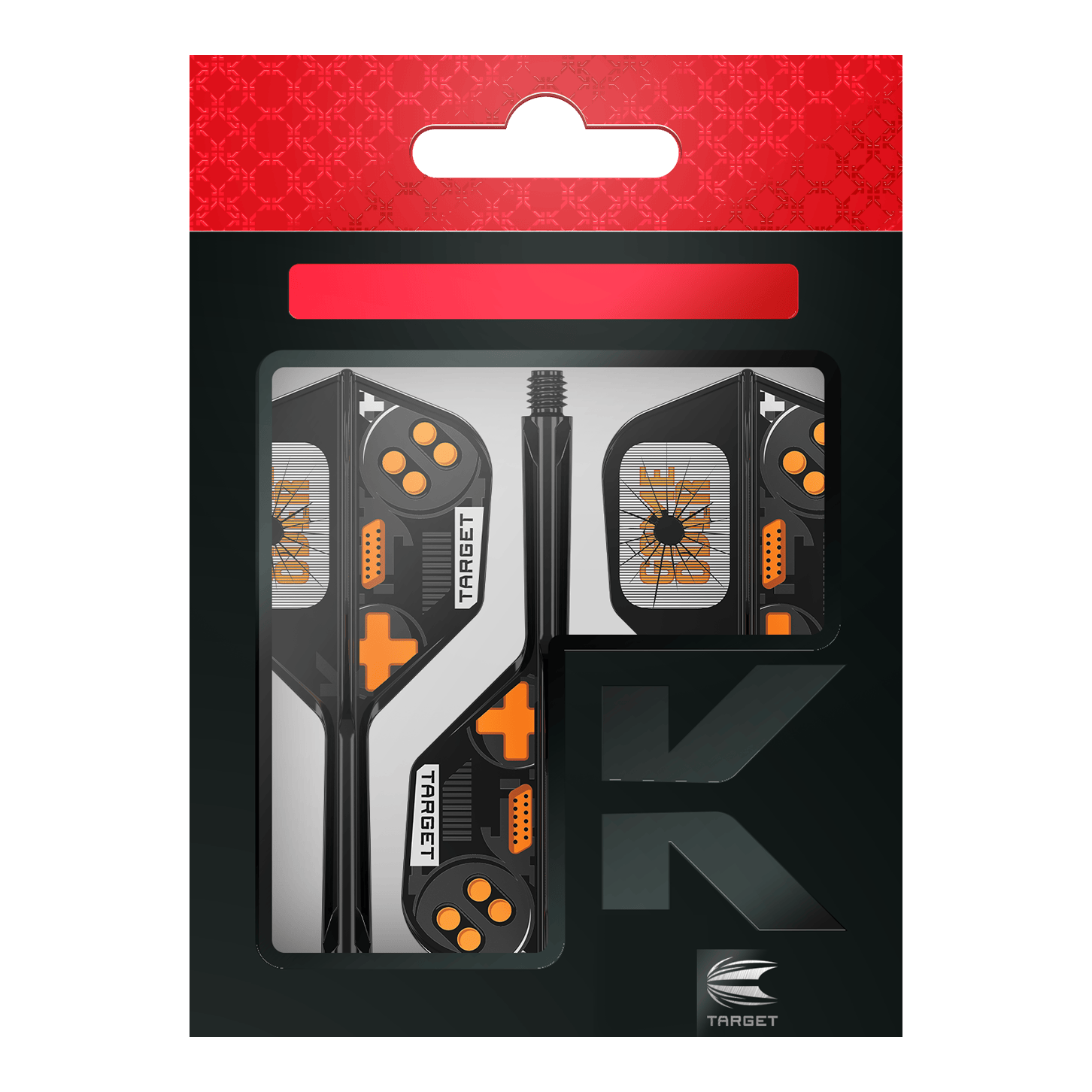 Target K-Flex Game Over No6 Vols Hier sieht man die Target K-Flex Game Over No6 Flights. Es handelt sich um Dart-Flights mit auffälligem Muster.