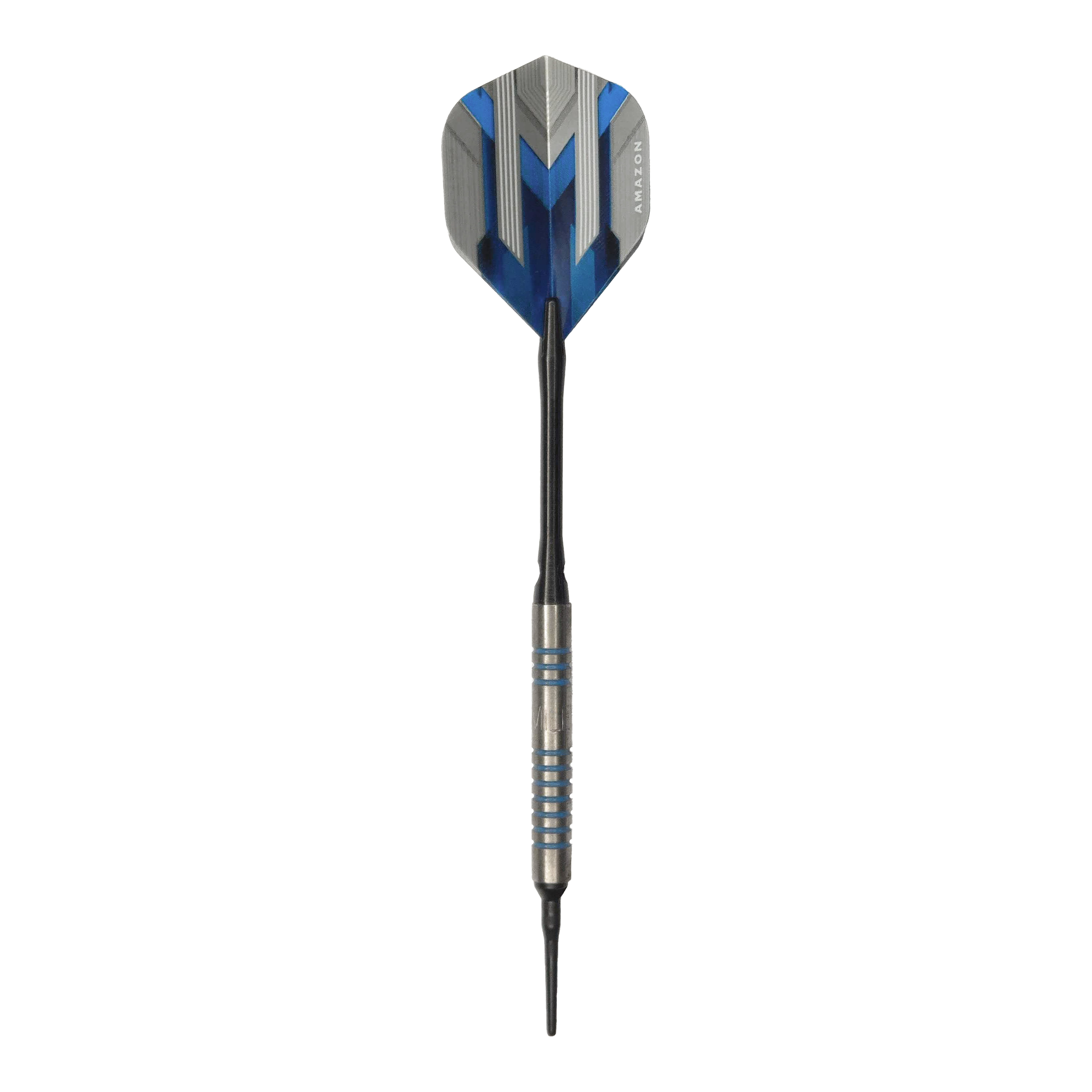 Dardos blandos McDart 85 Tungsten V1 - 17 g Dies ist ein McDart 85er Tungsten V1 Softdart mit einem Gewicht von 17g. Der Dart hat blaue und silberne Akzente und eine schwarze Spitze.