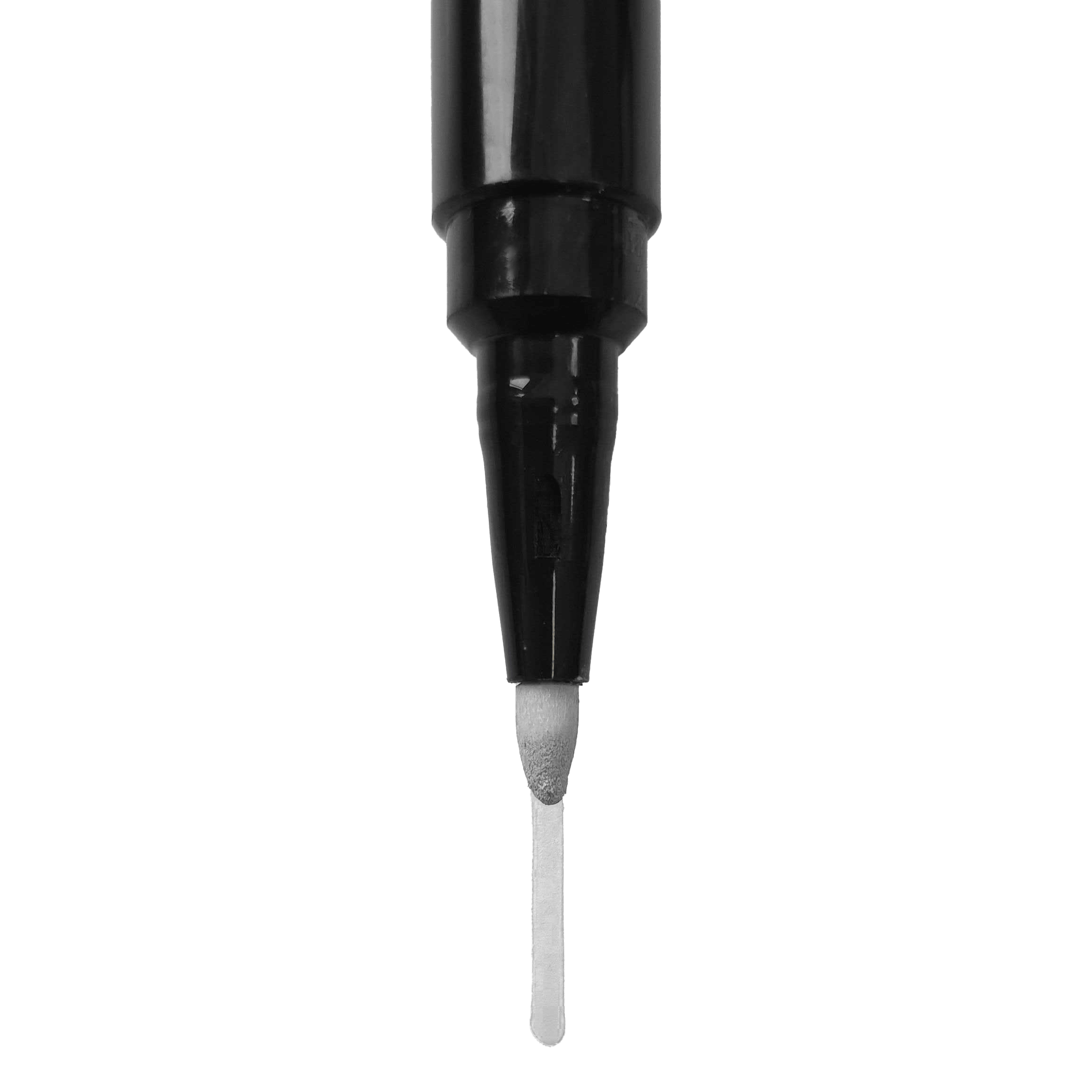 Board Marker Dies ist die Spitze eines schwarzen Whiteboard-Markers. Die Spitze ist rund und gibt eine gleichmäßige, weiße Linie ab.