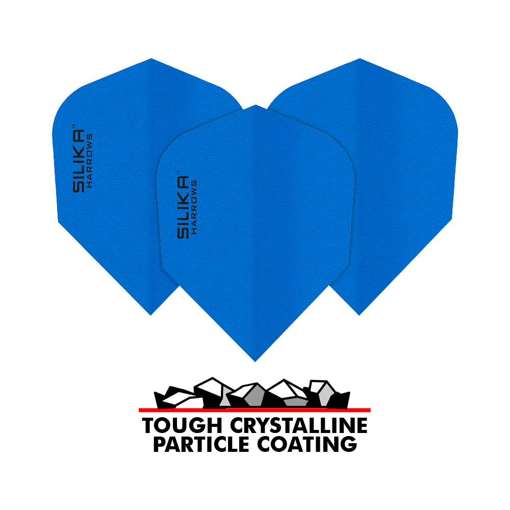Harrows Silica Solid, odolný krystalický povlak, modrý č. 6, letky Das Bild zeigt blaue Dart-Flights der Marke Harrows Silika mit einer soliden, kristallinen Beschichtung. Unten im Bild steht "Tough Crystalline Particle Coating" mit einer grafischen Darstellung von Kristallen.