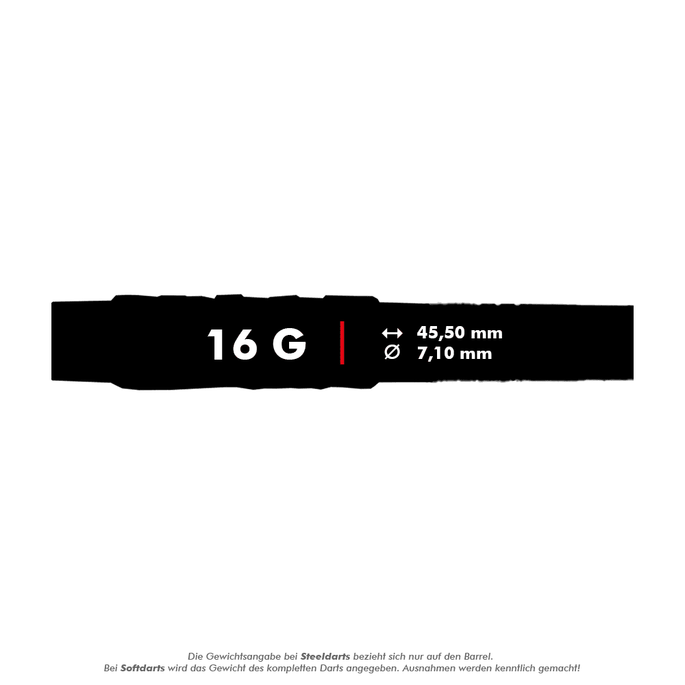 Dardos blandos McDart 85 Tungsten V4 - 16 g Das Bild zeigt die Produktinformationen der McDart 85er Tungsten V4 Softdarts mit einem Gewicht von 16 Gramm. Die Darts sind 45,50 mm lang und haben einen Durchmesser von 7,10 mm.