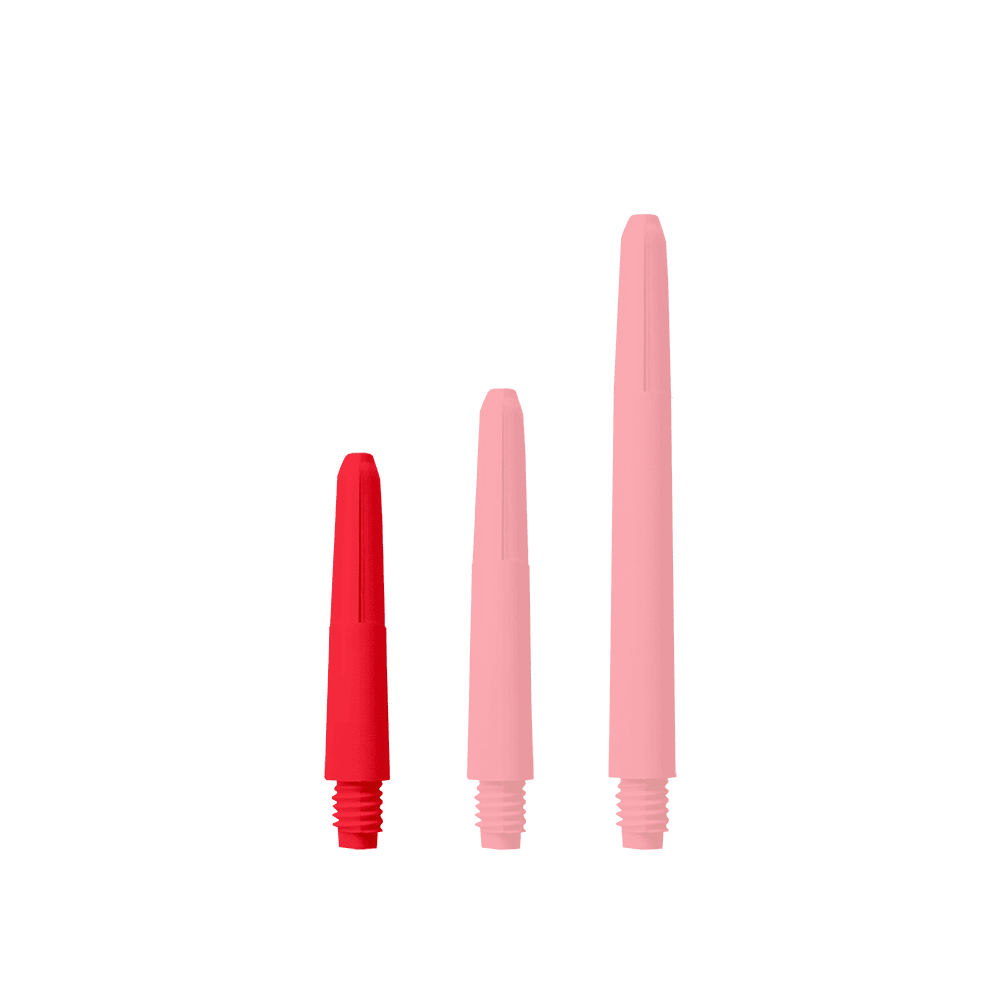 569_Nylon_Shafts_Rot_28mm_1u21CkwMWJifGD Das Bild zeigt drei rote Nylon-Schäfte in unterschiedlichen Längen. Sie haben alle ein Gewinde am unteren Ende.