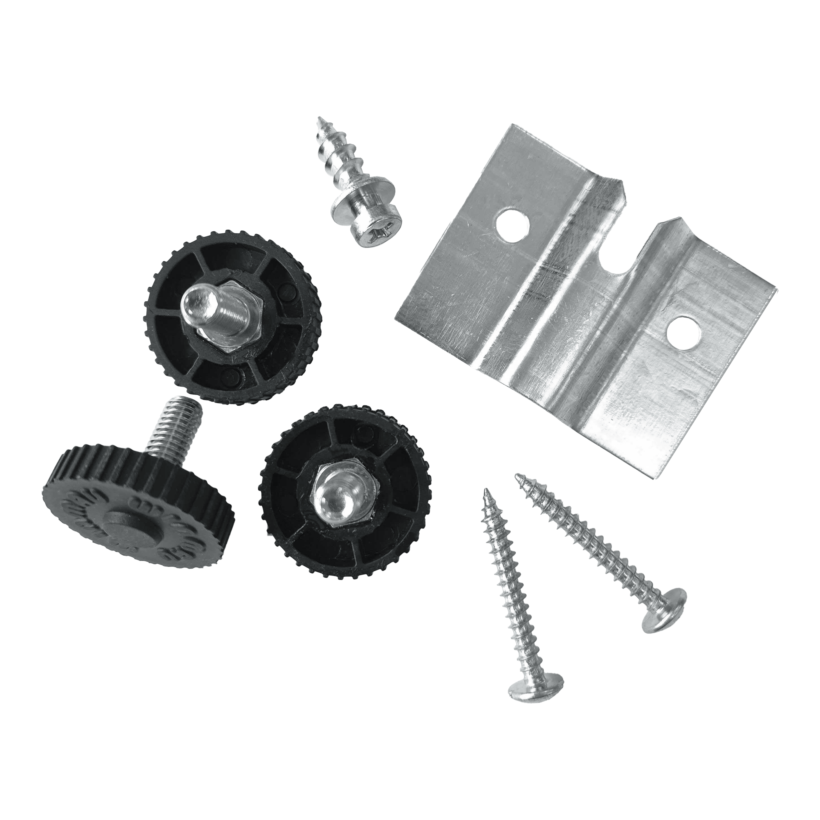 Nástěnný držák Winmau Rota-Lock Blade 6 Das Bild zeigt das Winmau Rota-Lock Blade 6 Wandhalterungs-Set mit Schrauben, Kunststoffrädern und einer Metallhalterung. Es sind alle benötigten Teile zur Befestigung eines Dartboards an der Wand abgebildet.