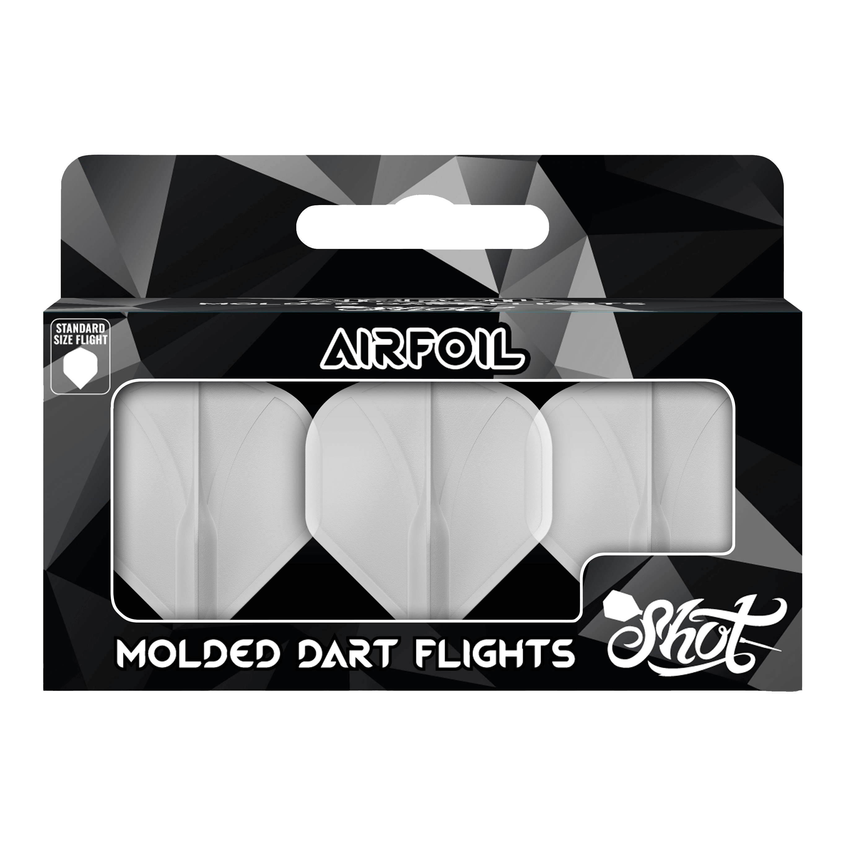 Profil aérodynamique moulé n°2 Vols standard Auf dem Bild ist eine Packung mit geformten Dart-Flights der Marke Shot zu sehen. Die Flights sind durchsichtig und in einer schwarzen Verpackung mit der Aufschrift "Airfoil" präsentiert.