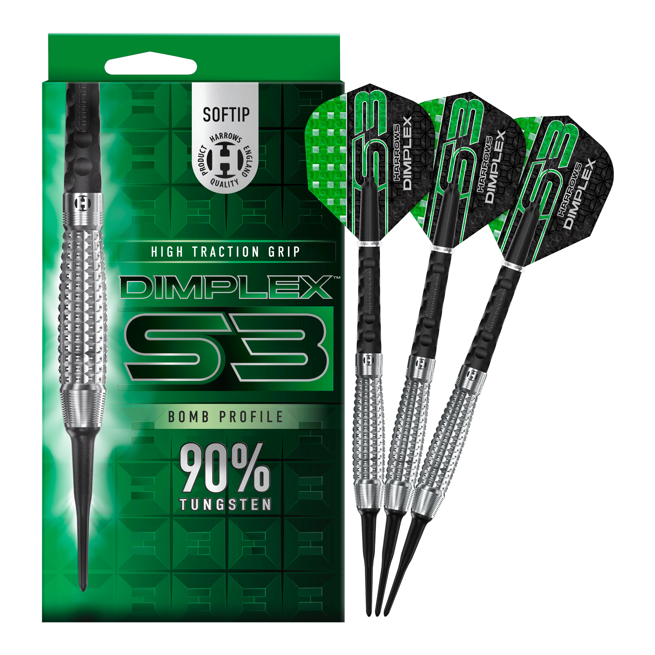 Freccette morbide Harrows Dimplex S3 Bomb Auf dem Bild sind die Harrows Dimplex S3 Bomb Softdarts und ihre Verpackung zu sehen. Die Darts haben einen hohen Grip und bestehen zu 90% aus Tungsten.