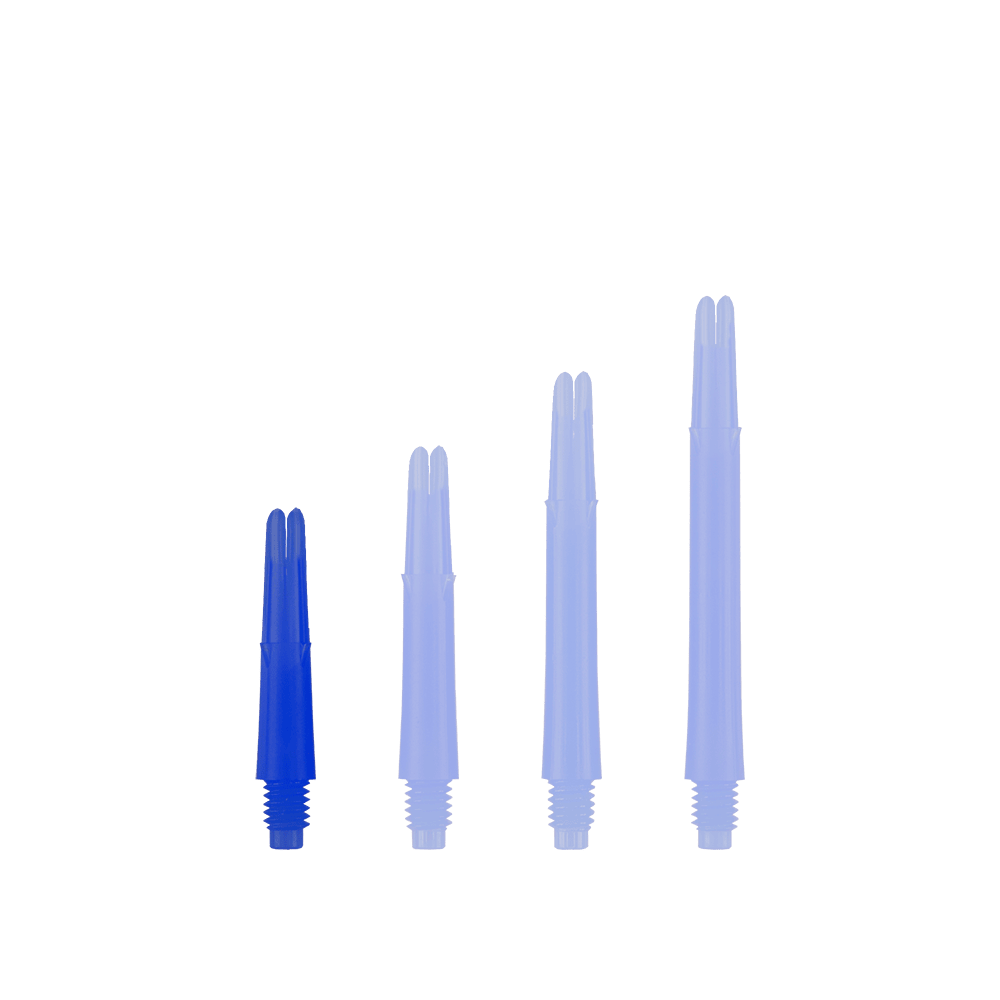 L-Style L-Shafts Locked Straight - Blue 130 Auf dem Bild sind vier blaue, gerade Dartschäfte in unterschiedlichen Längen zu sehen. Sie stehen nebeneinander auf weißem Hintergrund.