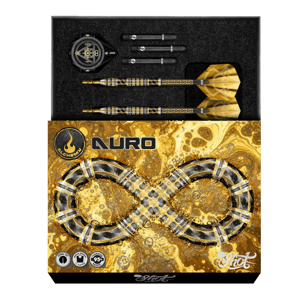 Šipky Shot Alchemy Auro Softdarts - 20g Hier sieht man die Shot Alchemy Auro Softdarts mit 20g Gewicht. Es handelt sich um hochwertige Softdarts für präzises Spielen.