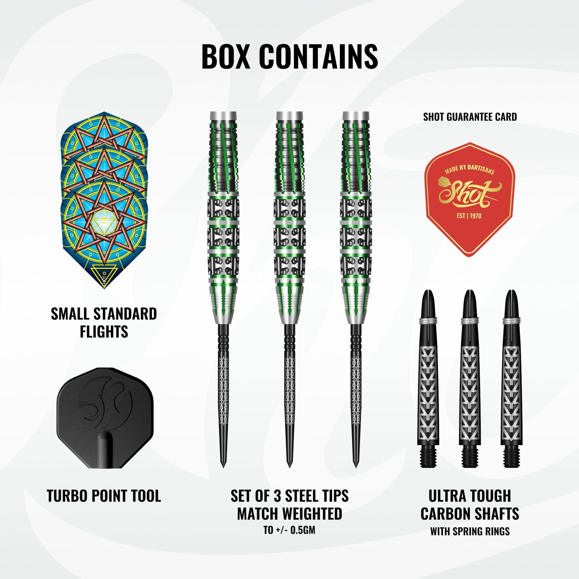 Shot Celt Druid Turbo Point Steeldarts Zu sehen ist eine Gruppe Shot Celt Druid TurboPoints Steeldarts. Die Darts sind strukturiert und dechiffriert angeordnet.