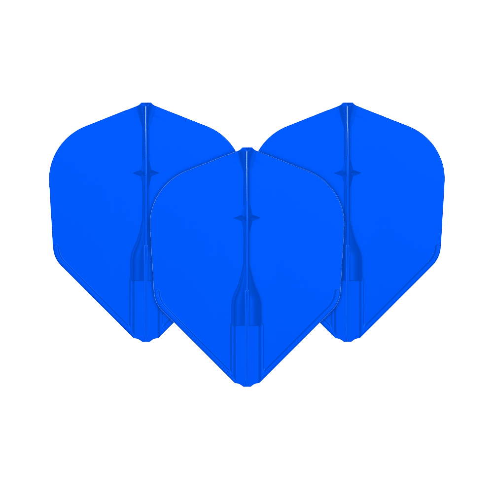L-Style L3EZ Flights Das Bild zeigt drei blaue Dartflights, die nebeneinander angeordnet sind. Sie haben eine klassische, leicht abgerundete Form.