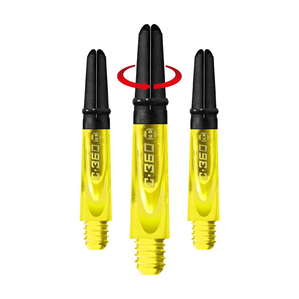HR449_Harrows_Carbon_360_Shafts_Gelb_35mm_1-_Symbol Auf dem Bild sind drei gelbe Harrows Carbon 360 Shafts zu sehen. In der Mitte ist ein Schaft mit einem roten Pfeil abgebildet, der auf eine Drehbewegung hinweist.