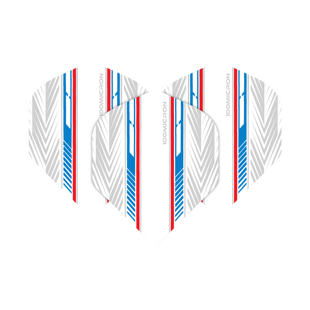 Vuelos de pentatlón blanco/azul/rojo Das Bild zeigt die Pentathlon White Blue Red No2 Standard Flights. Sie haben ein weißes Design mit blauen und roten Streifen sowie grauen Mustern.