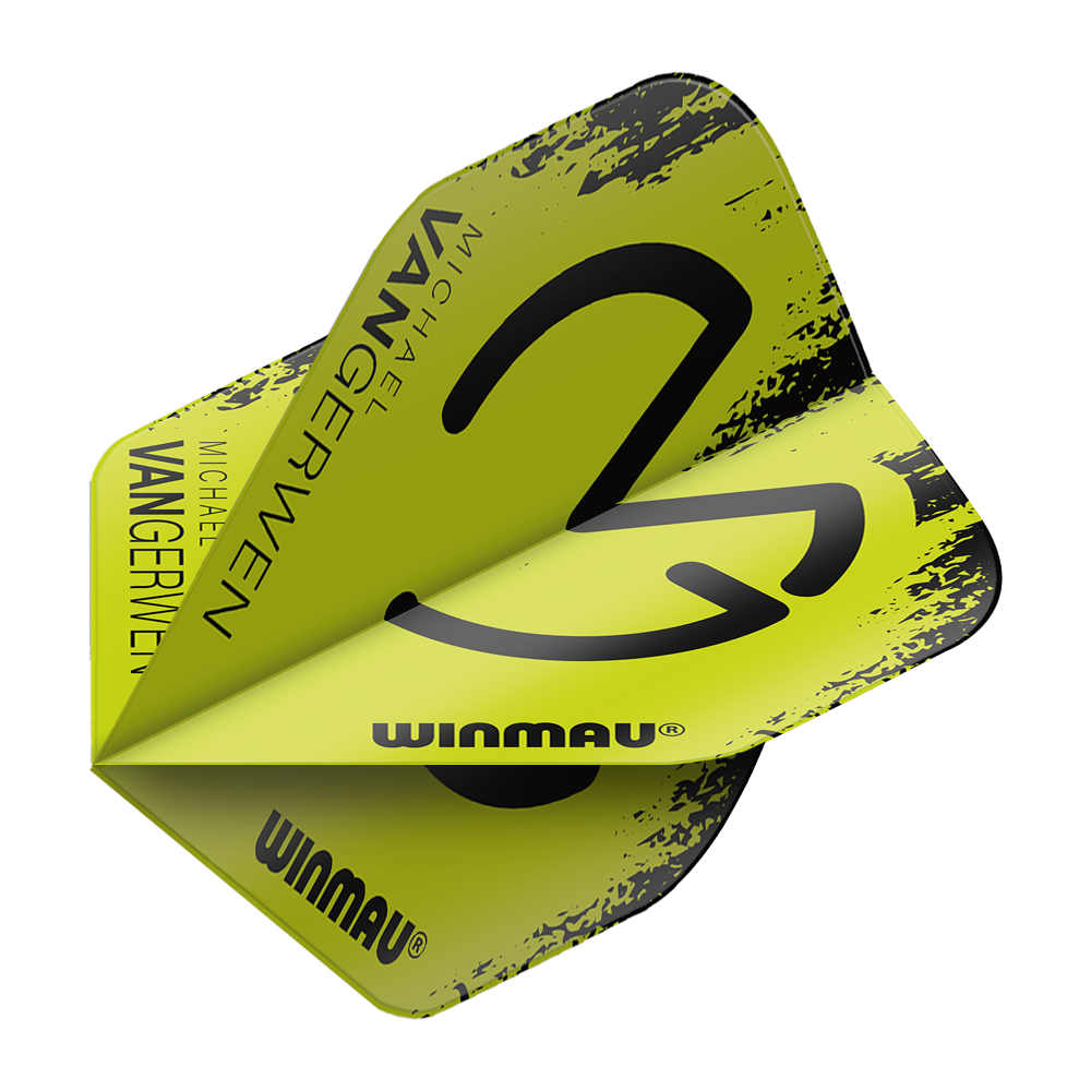 6900-232_Winmau_Mega_MvG_Black_Green_Standard_Flights_2 Winmau Mega MvG Black Green Standard Flights in stilisierter Darstellung. Die Flights liegen gestapelt vor hellem Hintergrund.