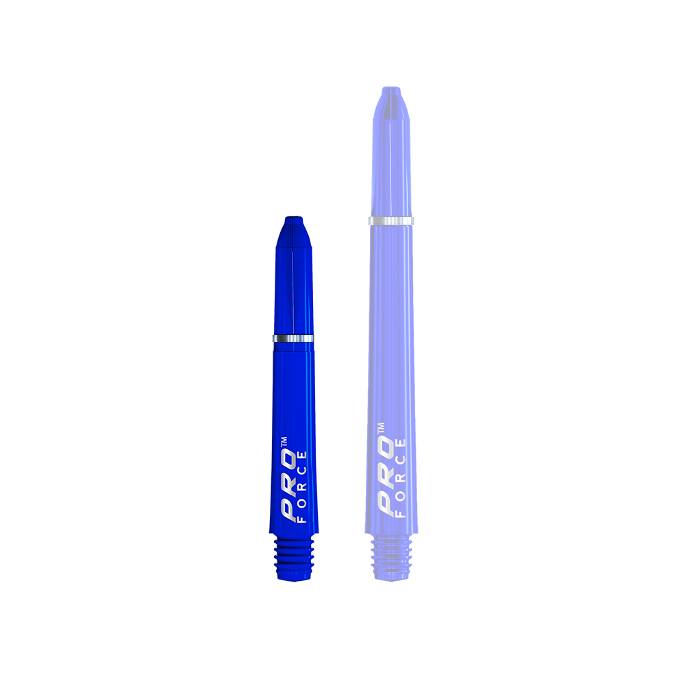 7011_104_Winmau_Pro-Force_Shafts_Blau_35mm_1kwITQVyXnNPUY Das Bild zeigt zwei blaue Dartschäfte des Modells "Winmau Pro-Force Shafts". Auf den Schäften steht in weißer Schrift "PRO FORCE".