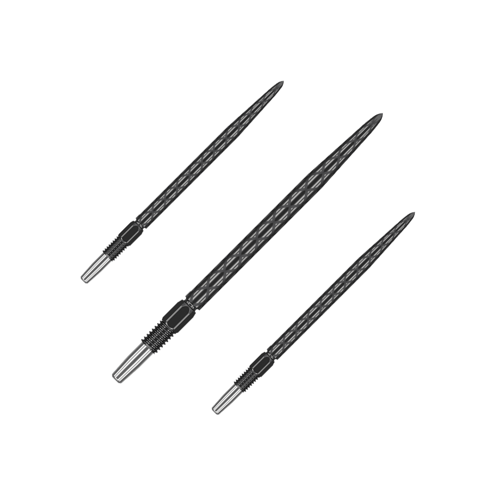Pointes de fléchettes Target Swiss Diamond Pro Black Points Das Bild zeigt drei schwarze Dartspitzen mit einem diamantförmigen Muster. Sie sind in unterschiedlichen Winkeln angeordnet und haben einen metallischen Befestigungsbereich.