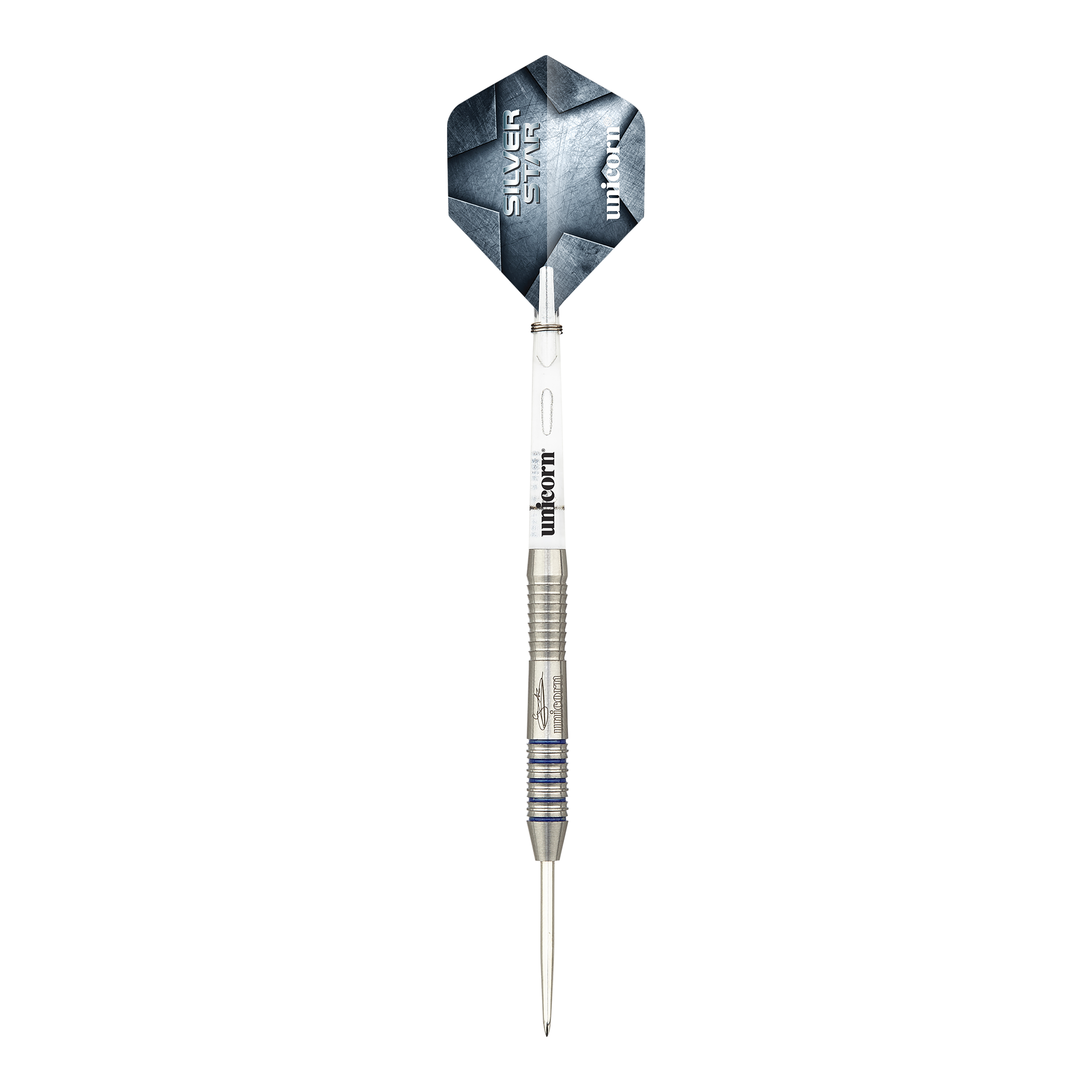 Unicorn Silver Star Var.3 Gary Anderson Steeldarts Das Bild zeigt die Unicorn Silver Star Var.3 Gary Anderson Steeldarts. Die silberfarbenen Darts sind auf einer weißen Fläche angeordnet.
