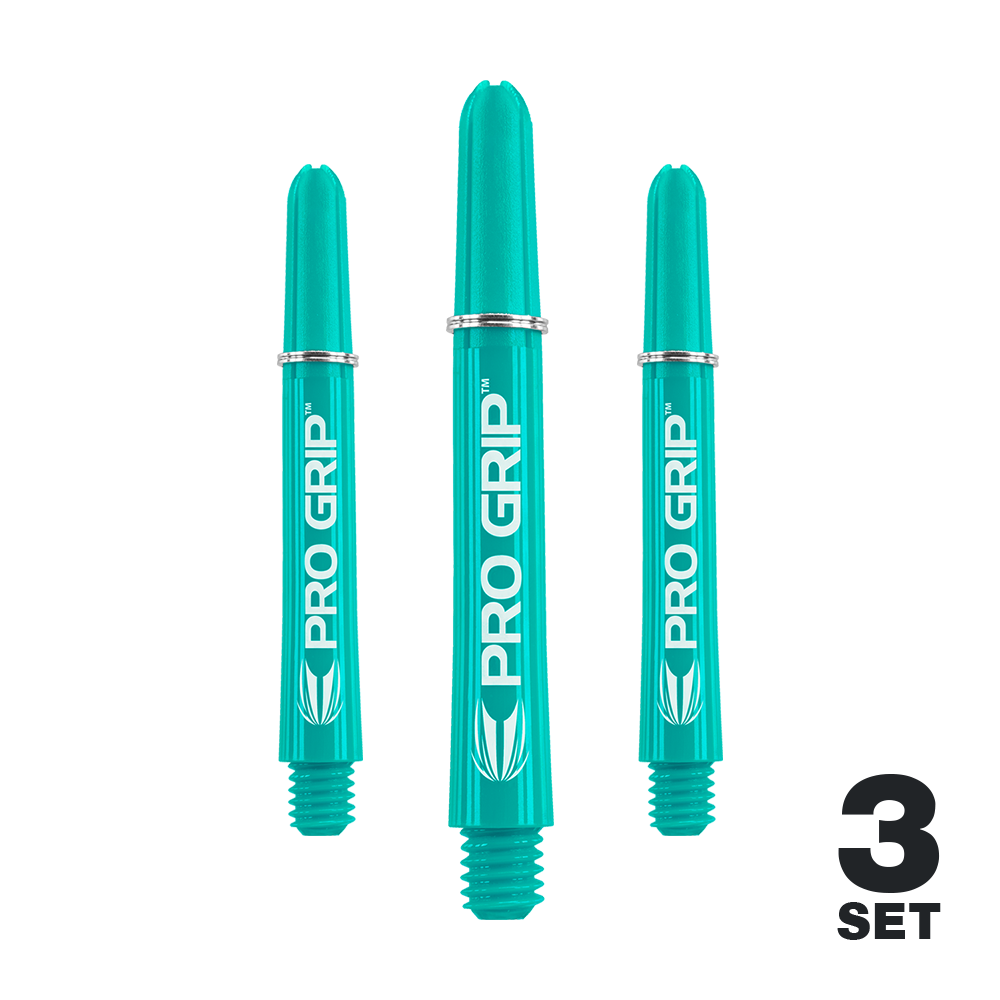 Uchwyty Target Pro Grip - 3 zestawy - Aqua Das Bild zeigt drei türkisfarbene PRO GRIP Shafts für Dartpfeile. Unten rechts steht "3 SET" in schwarzer Schrift.