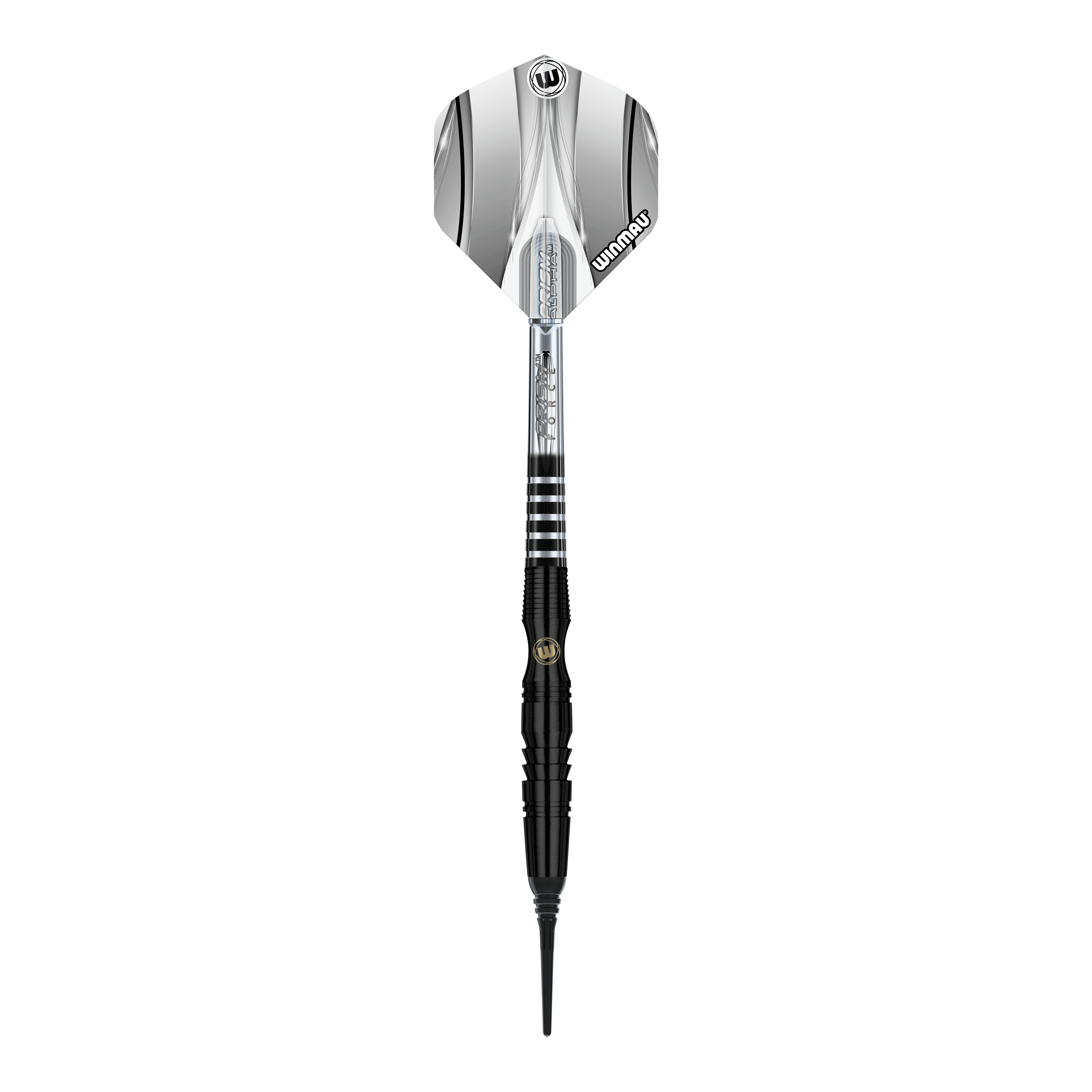 Měkké šipky Winmau Sniper Black - 20g Das Bild zeigt einen Winmau Sniper Black Softdart mit einem Gewicht von 20 Gramm. Der Dart ist überwiegend schwarz mit silbernen Akzenten und besitzt eine schwarze Softspitze.