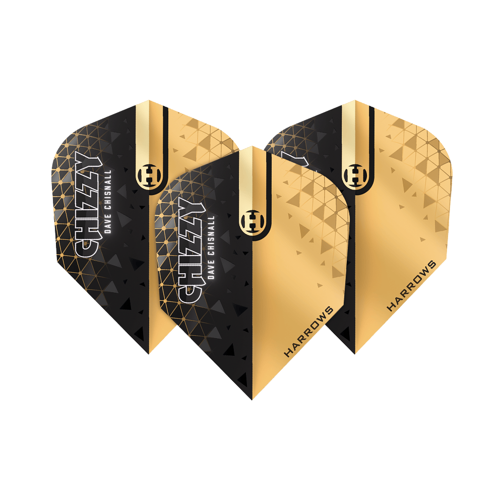 Harrows Prime Dave Chisnall Chizzy 2 Lety č. 6 Das Bild zeigt die Harrows Prime Dave Chisnall Chizzy 2 No6 Flights. Die Flights sind in Schwarz und Gold gestaltet und tragen die Aufschrift "CHIZZY DAVE CHISNALL" sowie "HARROWS".