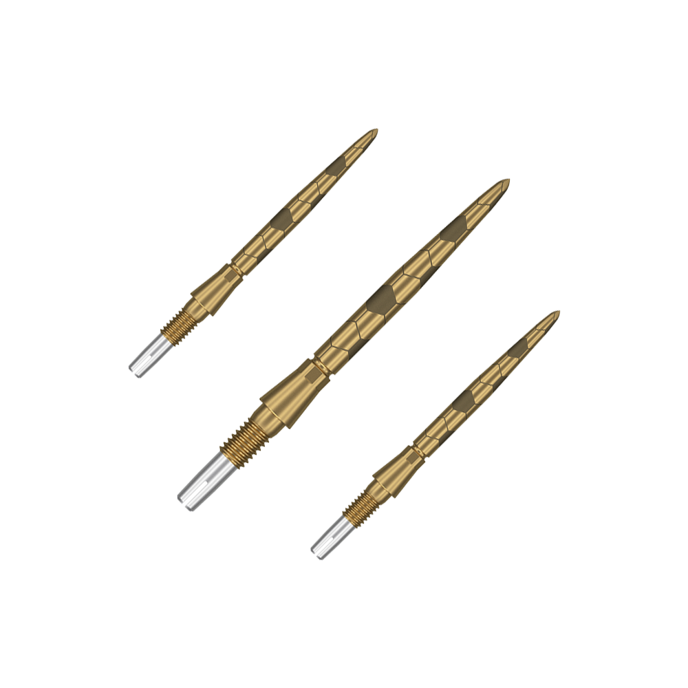 Auf dem Bild sind drei goldfarbene Dartspitzen mit einem strukturierten Muster zu sehen. Sie haben ein silbernes Schraubgewinde am Ende zum Befestigen an Dartpfeilen.