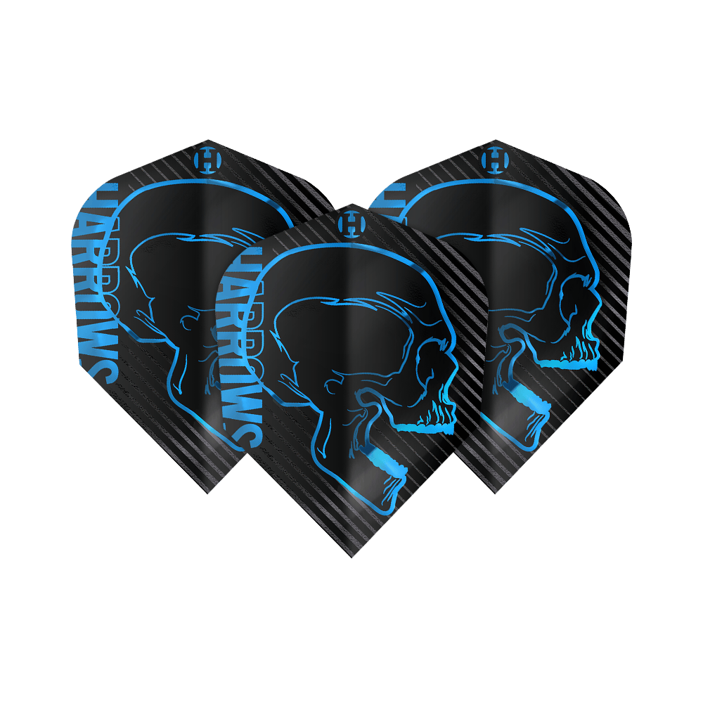 Letky Harrows Rage Aqua č. 6 Das Bild zeigt drei schwarze Dart-Flights mit einem blauen Totenkopf-Design und dem Schriftzug "Harrows". Die Flights gehören zum Produkt "Harrows Rage Aqua No6".