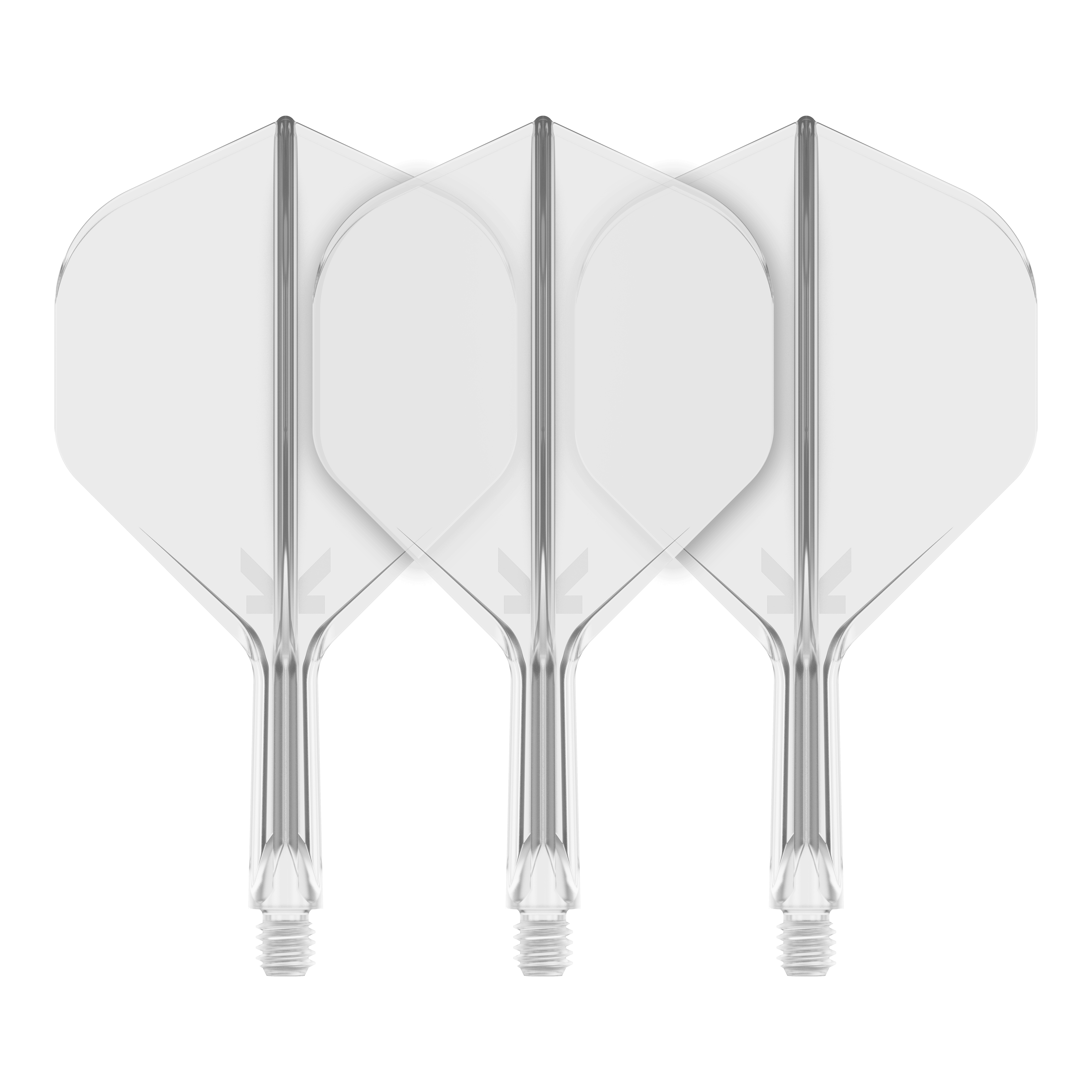 Target K-Flex No2 Standard Flight System - Trasparente Auf dem Bild sind drei transparente Dart-Flights mit Standardform zu sehen. Sie sind nebeneinander angeordnet und haben klare, glatte Kanten.
