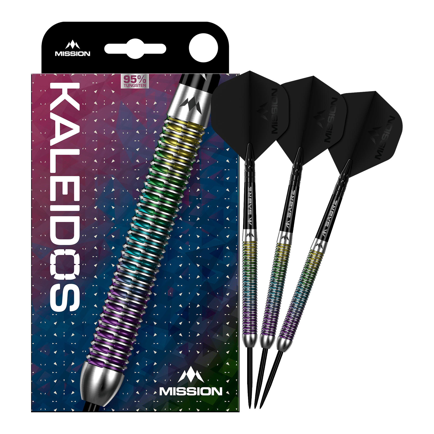 Mission Kaleidos Steeldarts Das Produkt Mission Kaleidos Steeldarts ist vollständig dargestellt. Die Abbildung ermöglicht einen Überblick über das komplette Dart-Set.