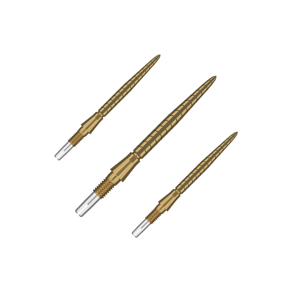 Target Swiss Storm Quartz Dartspitzen - Gold Auf dem Bild sind drei goldfarbene Dartspitzen zu sehen. Sie sind schlank, haben ein geriffeltes Design und haben vorne eine silberne Spitze.